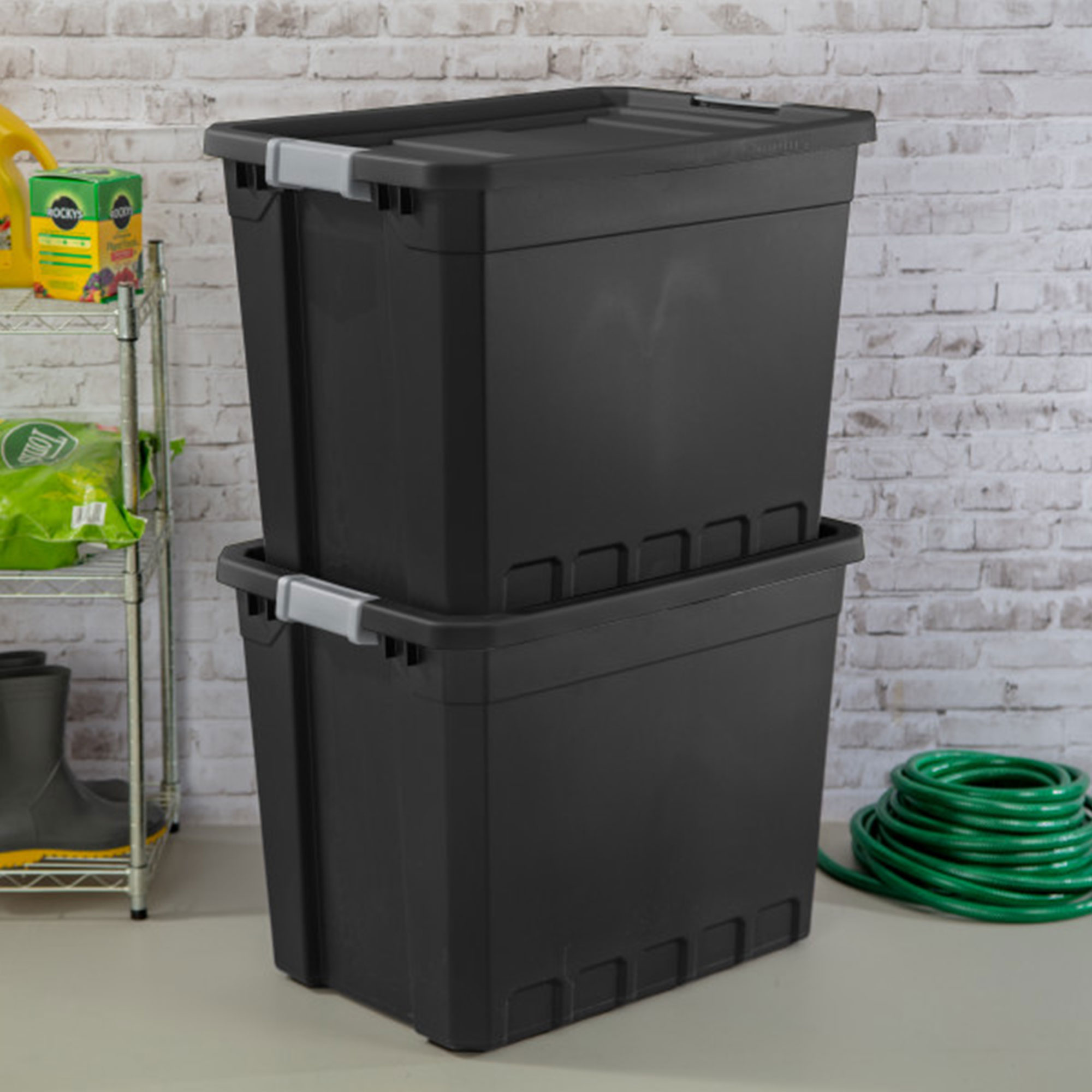 Black Heavy Duty Plastic Stackable Storage Tote with Lid