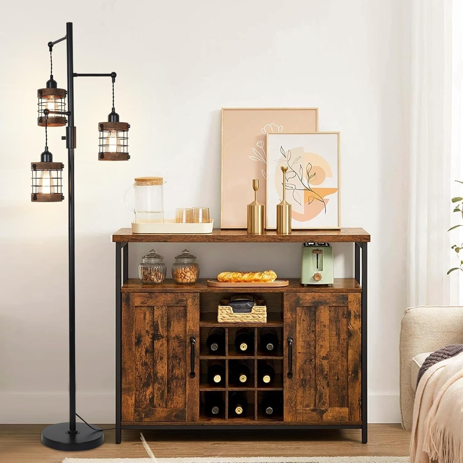 UOI 65 inch Black Brown Metal and Wood Farmhouse Floor Lamp with 3 Dimmable Cage Lights
