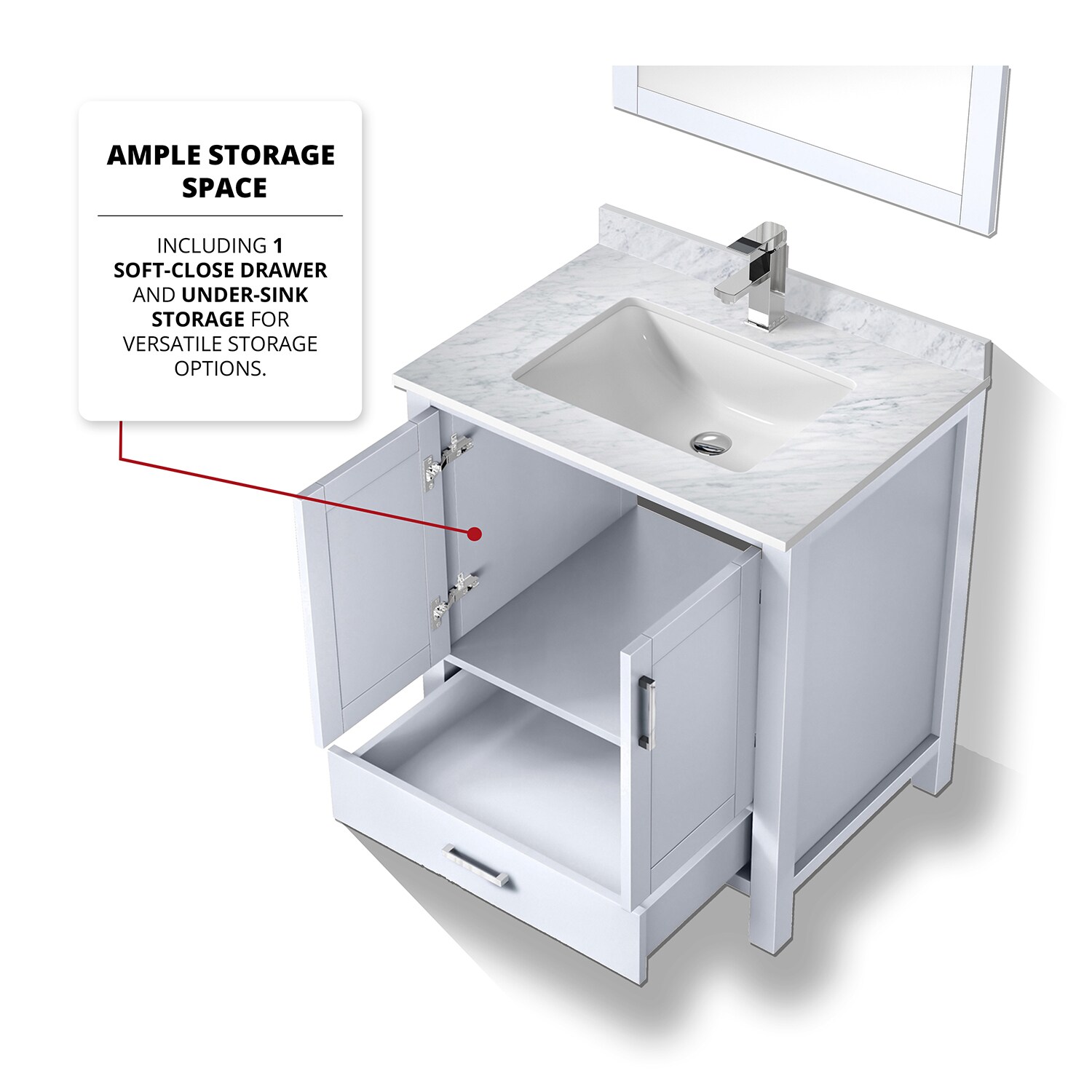 White 30" Vanity with Marble Top, Sink, Mirror, and Faucet