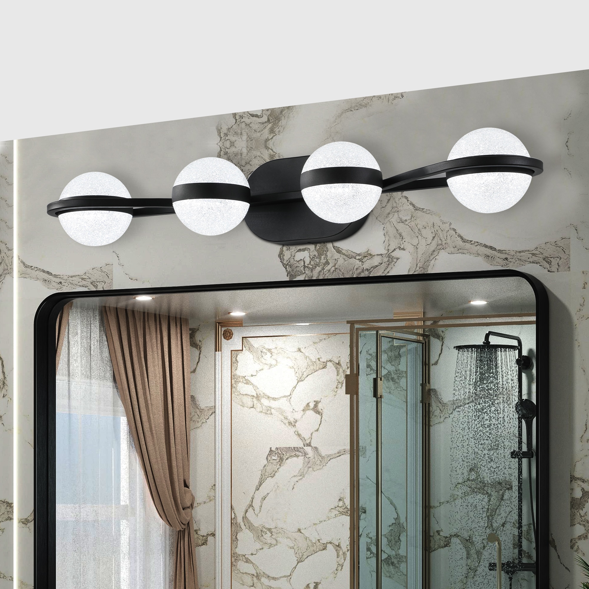 LUXEYARD 30in  Black Minimalist LED Bathroom Vanity Light with Crystal Sand Acrylic Shades  4-Light Wall Mounted Decorative Lighting Fixture  Suitable for Bathroom Vanity Mirror