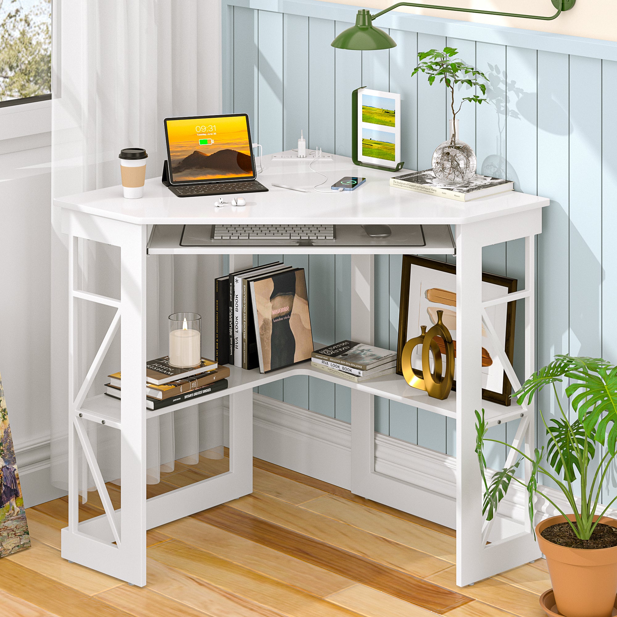 Vecelo LOE-XJM-CD03-WHT-UP Corner Desk With Outlets and USB Ports Triangle Computer Desk With Charging Station Storage Shelf Space Saving Writing Desk For Small Space