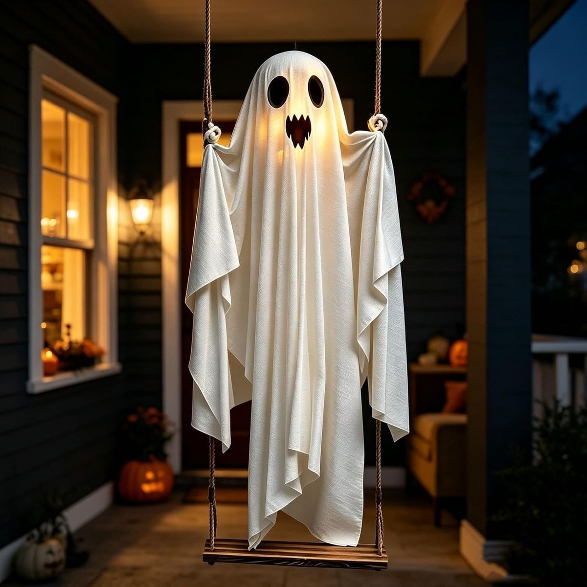 LIUSXAQI  2 Pack Glowing Swinging Ghost Halloween Decorations with Warm LED Light for Outdoor Indoor