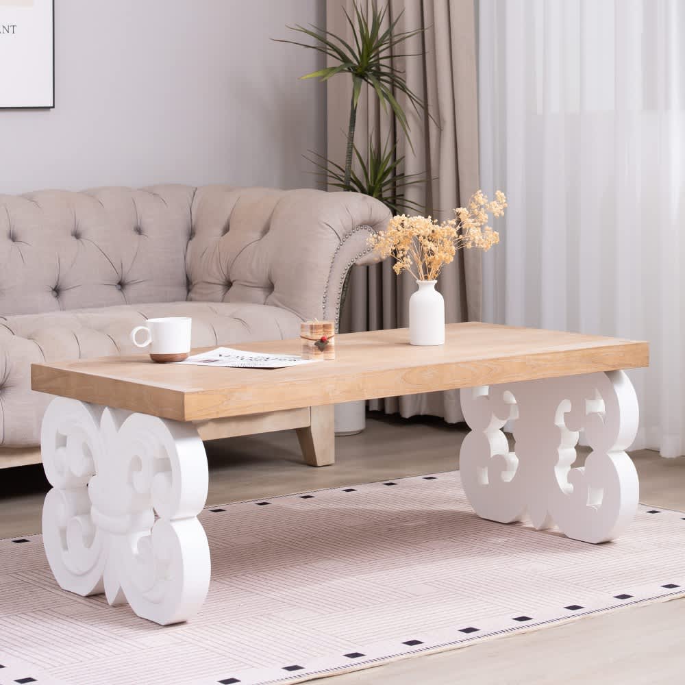 Coolbibila AIDEN-COFFEE-WHITE Farmhouse Rectangular Wood Coffee Table with White Carved Base and Natural Top for Living Room