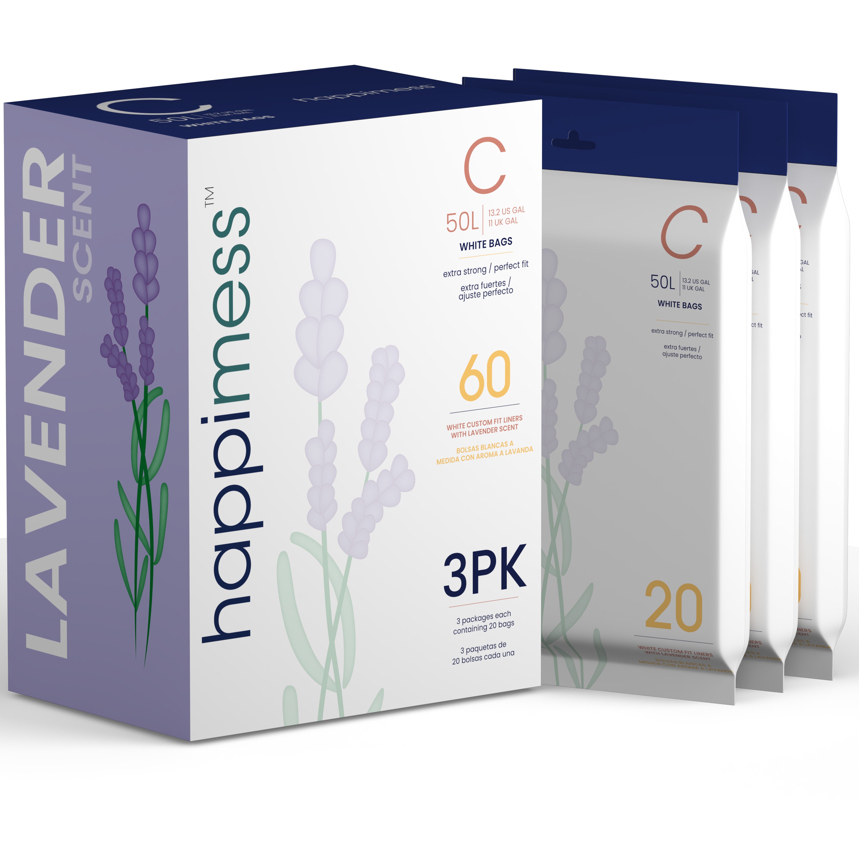 happimess HPM3101C-WHITE Lavender Scented 3-Packs of 20 Liners 13.2-Gallons Lavender White Indoor/Outdoor Plastic Kitchen Drawstring Trash Bag 60 -Count
