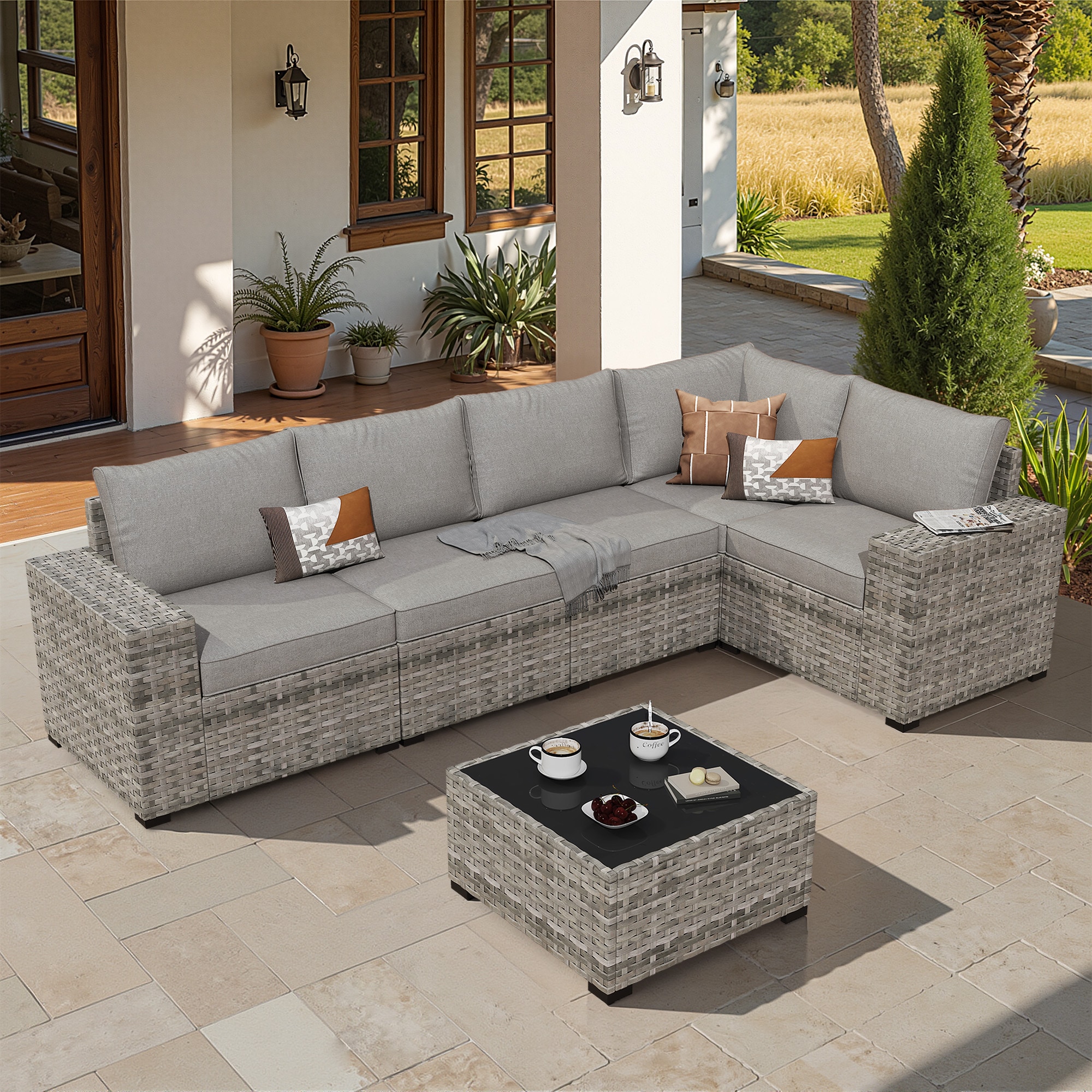 ALTRIGUS 6LALBBR200 AL1BWR Wicker Outdoor Sectional with Dark Gray Cushions and Wicker Frame