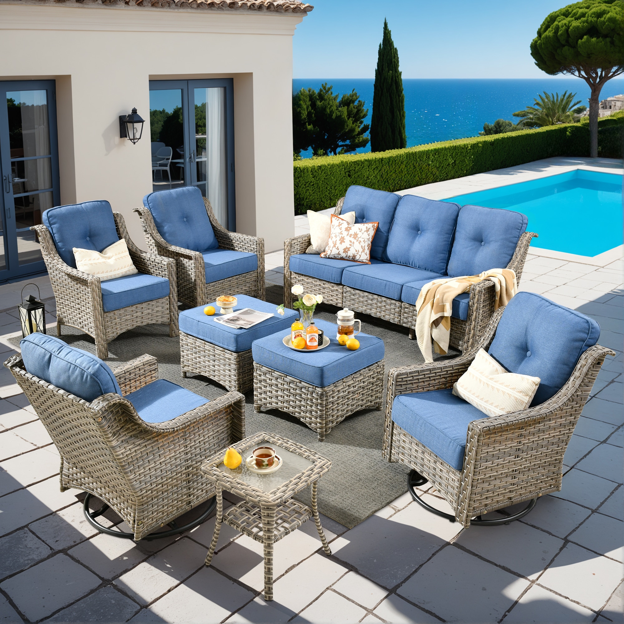 XIZZI XIPAD5085-RC3 Pyrophyllite 8 -Piece Rattan Patio Sofa Conversation Set with Blue Cushions