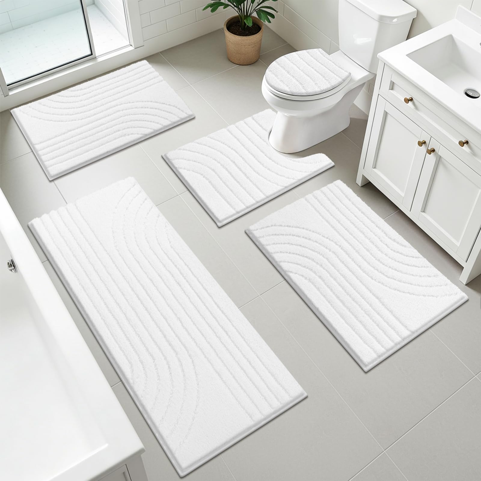 OMOMMD White 5 Piece Bathroom Rugs Set Plush Microfiber Absorbent Non Slip Washable Bath Mat U Shaped Toilet Lid Cover