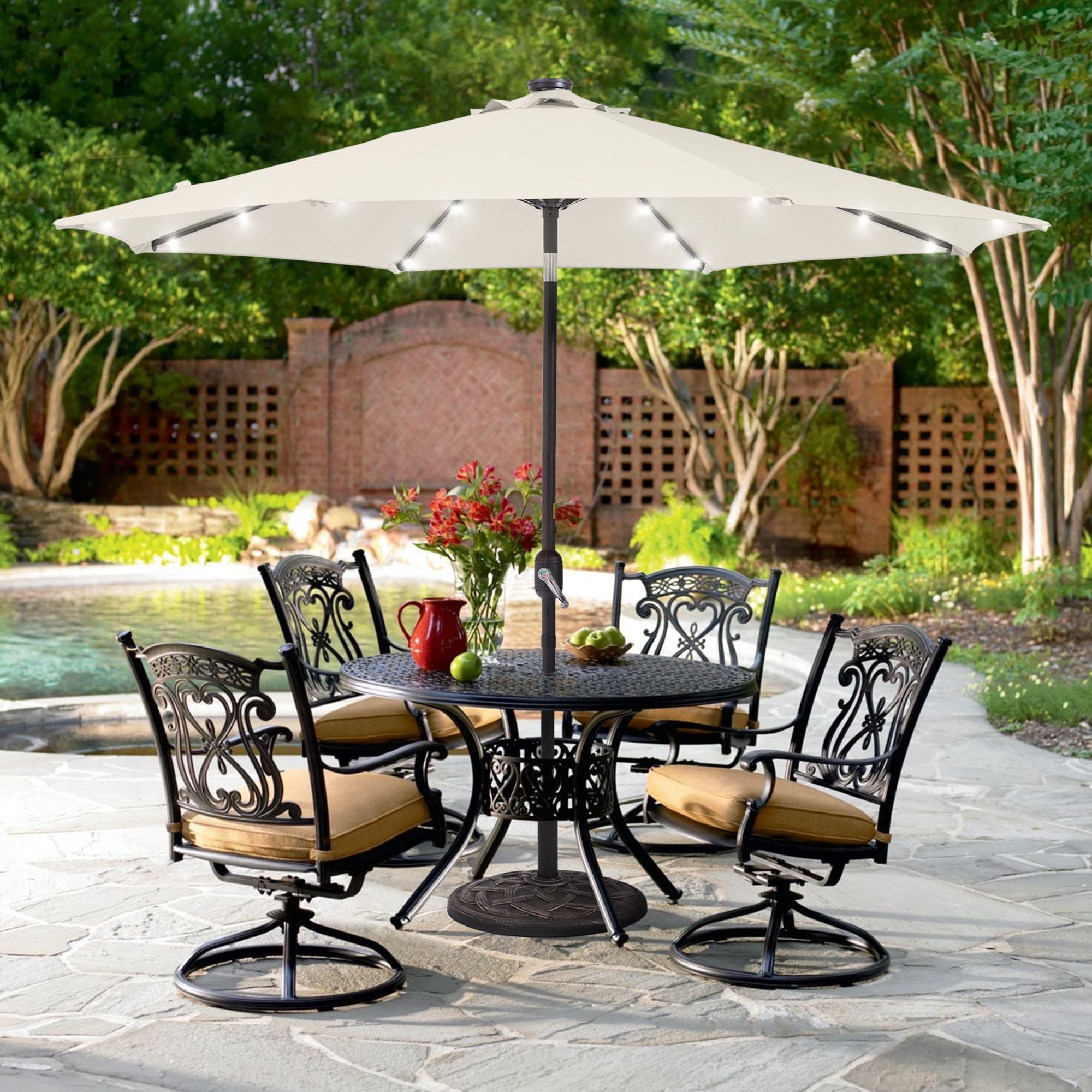 Sonkuki SD-027M-LED 9-Feet Steel Beige Push-button Tilt Market Patio Umbrella with Lights and