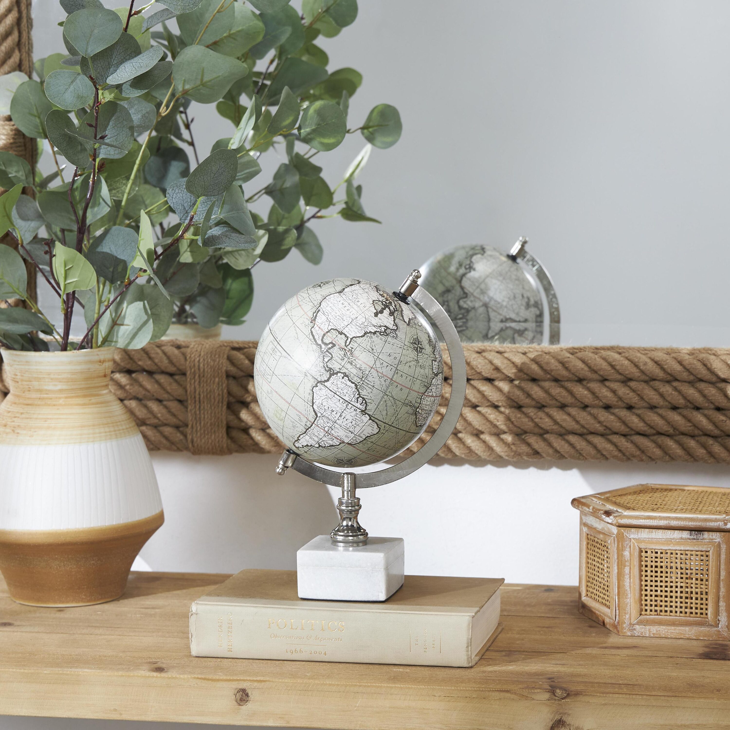 Contemporary White Marble Globe with Silver Accents