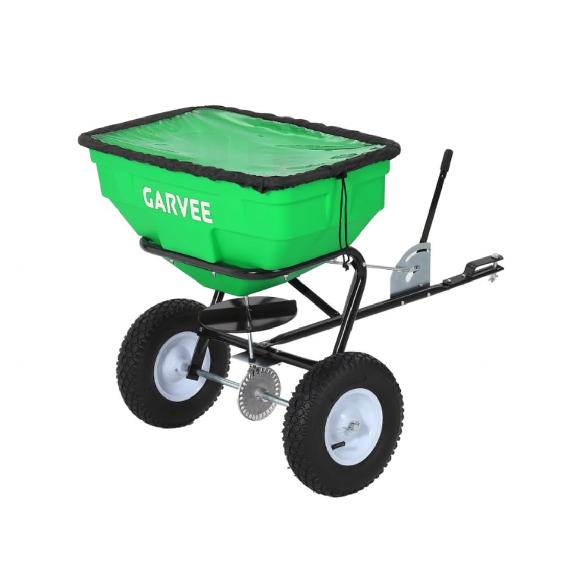 Aoile Green PP Hopper Black Frame White Wheel Hub Tow Broadcast Spreader 125L Capacity With Rain Cover And Complete Accessories