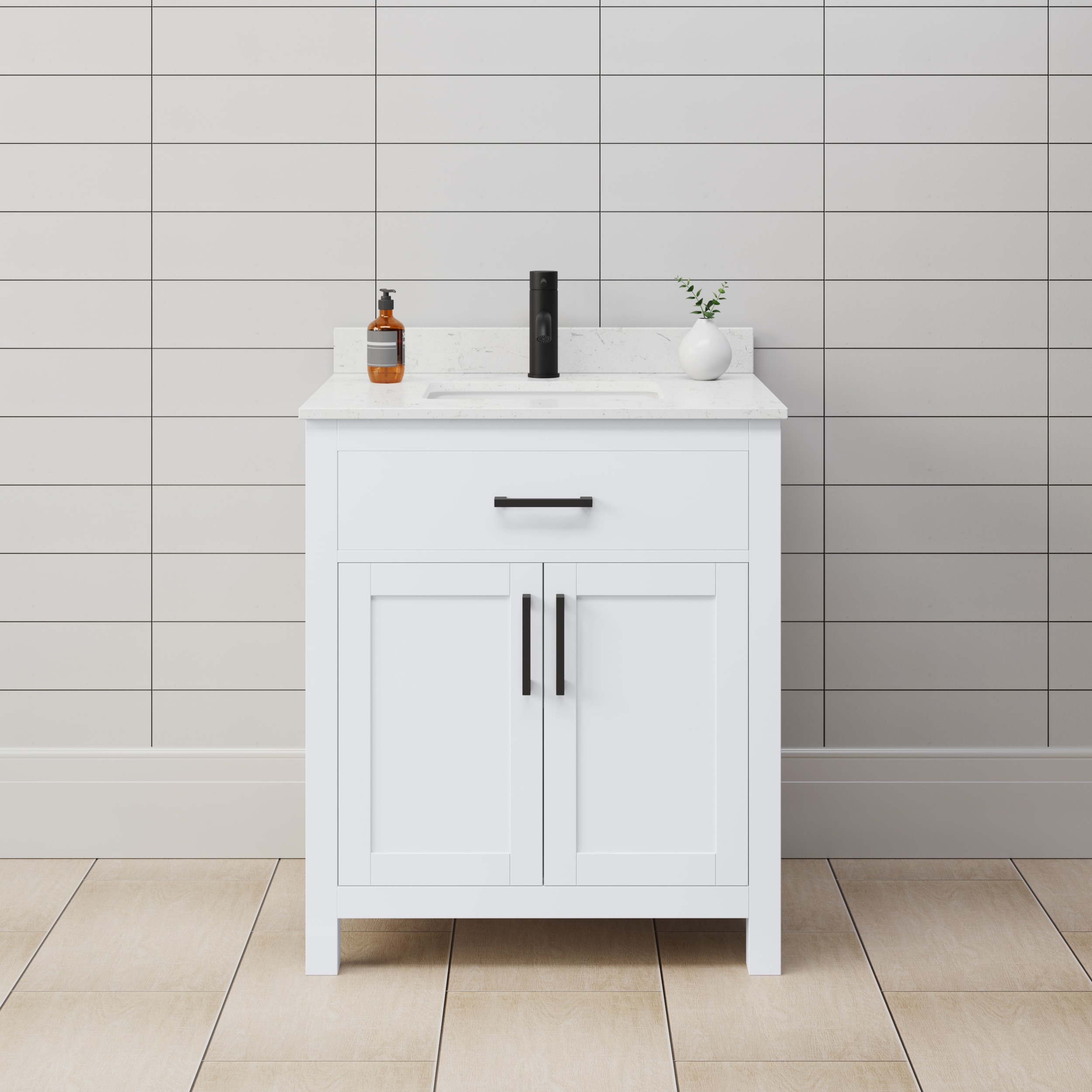 Wyndham Collection WCG242430SWBCCUNSMXX Beckett 30-in White with Matte Black Trim Undermount Single sink Bathroom Vanity with Carrara Cultured Marble Cultured marble Top