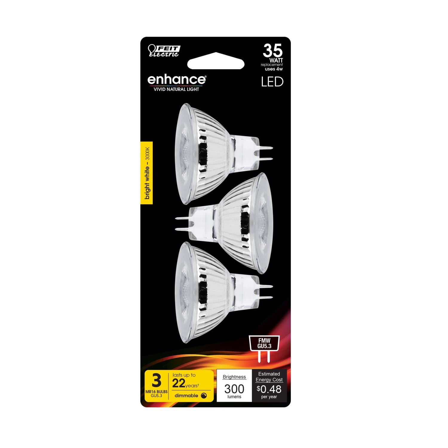 Feit Electric EJD3918463 Enhance MR16 GU5.3 LED Bulb Bright White 35 Watt Equivalence 3 pk