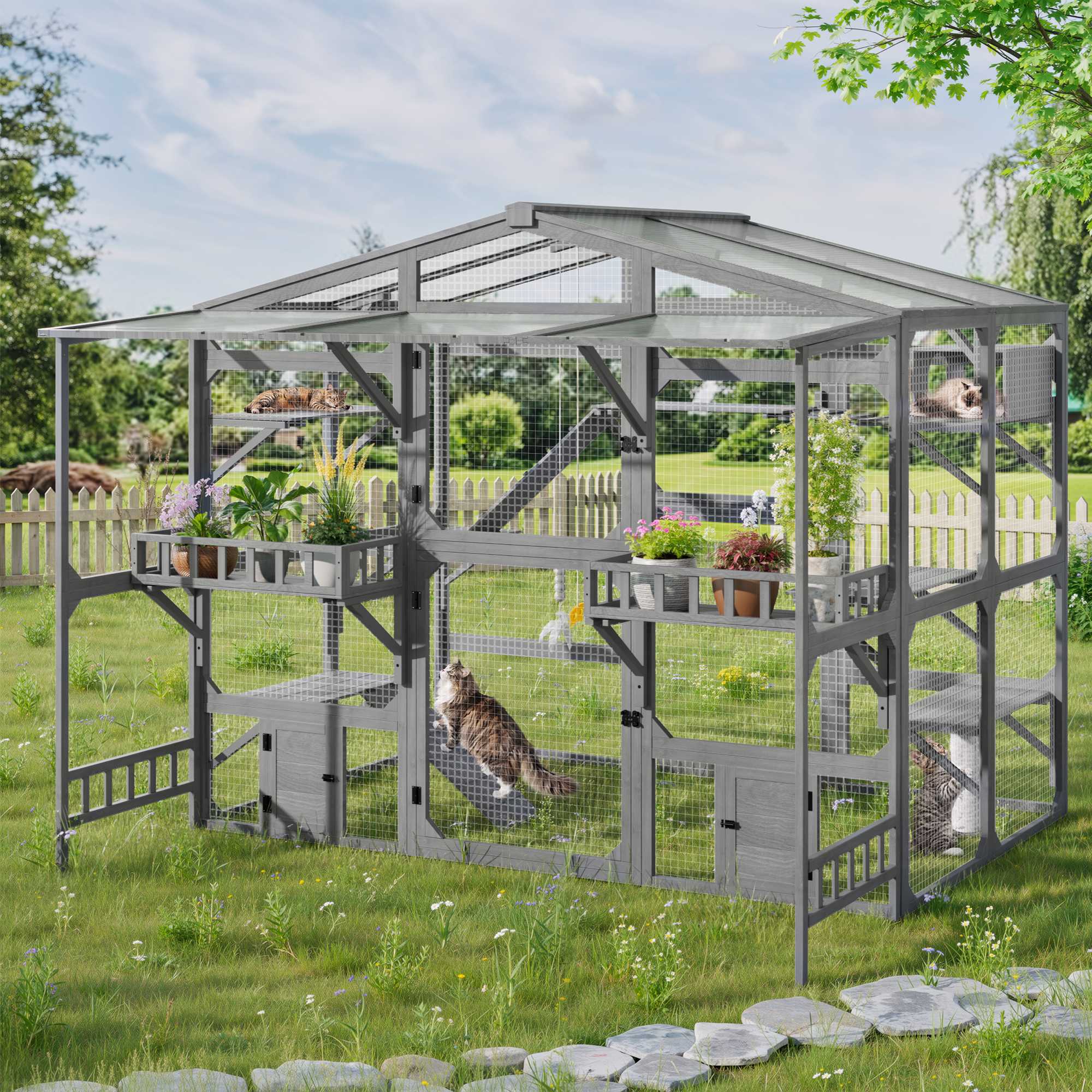 Roomfitters  Extra Large Wood Catio Cat Cage Outdoor Kennel with Transparent Sunroof and Dual Storage Shelves Gray