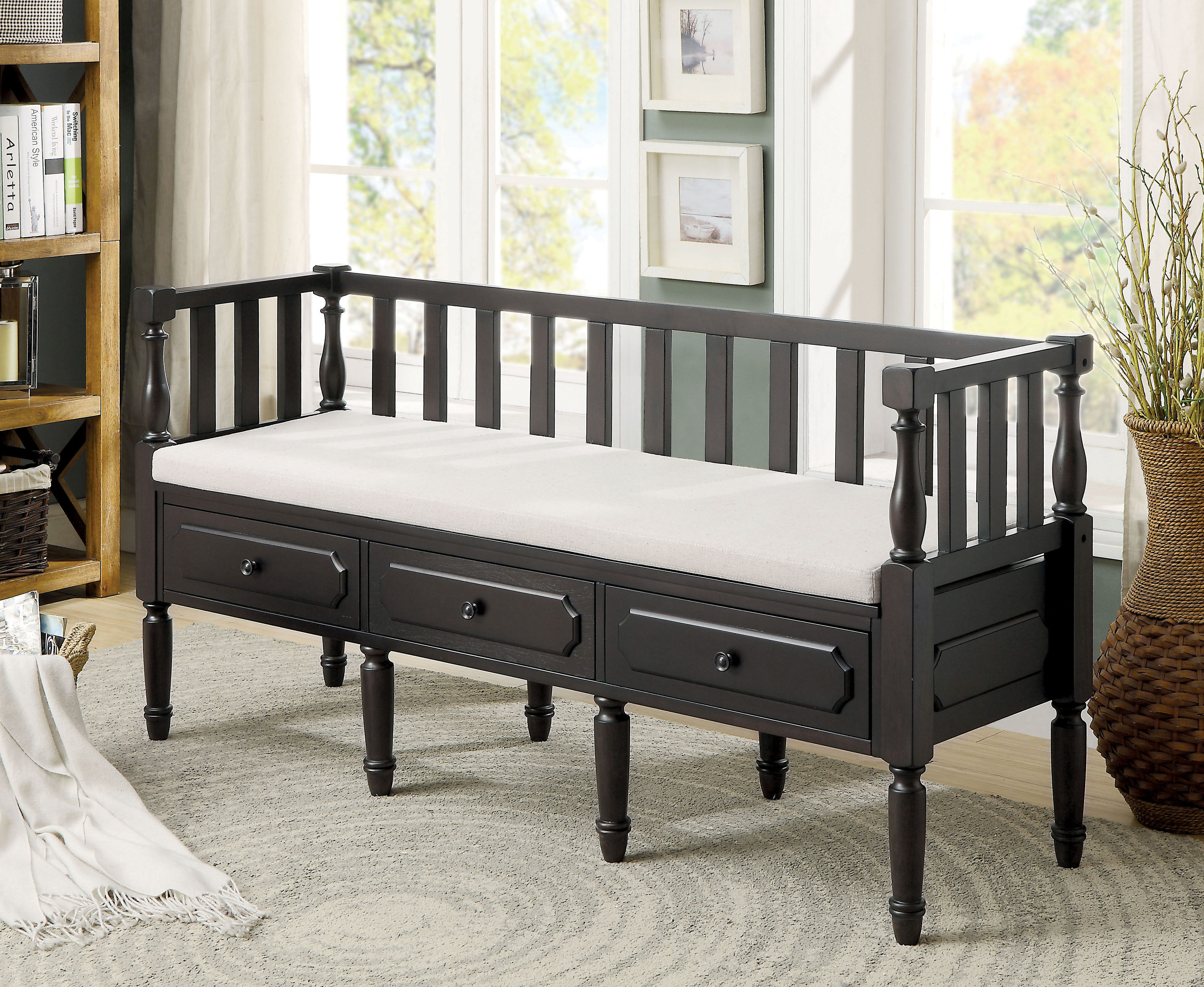 Furniture of America IDF-BN6359EX Carthy Casual Dark Walnut Storage Bench with Storage 60-in x 18.5-in x 30-in