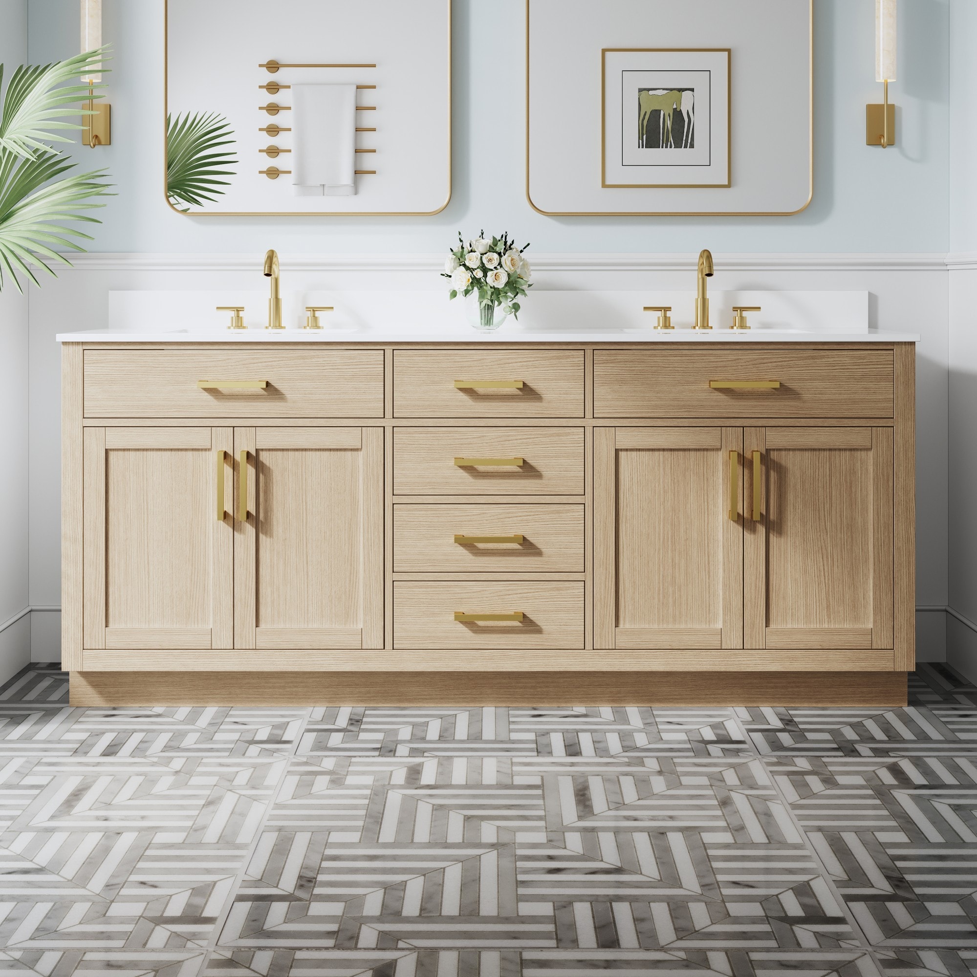 WELLFOR - NORA Solid Wood Freestanding 80-in OAK Undermount Double Sink Bathroom Vanity with Pure...