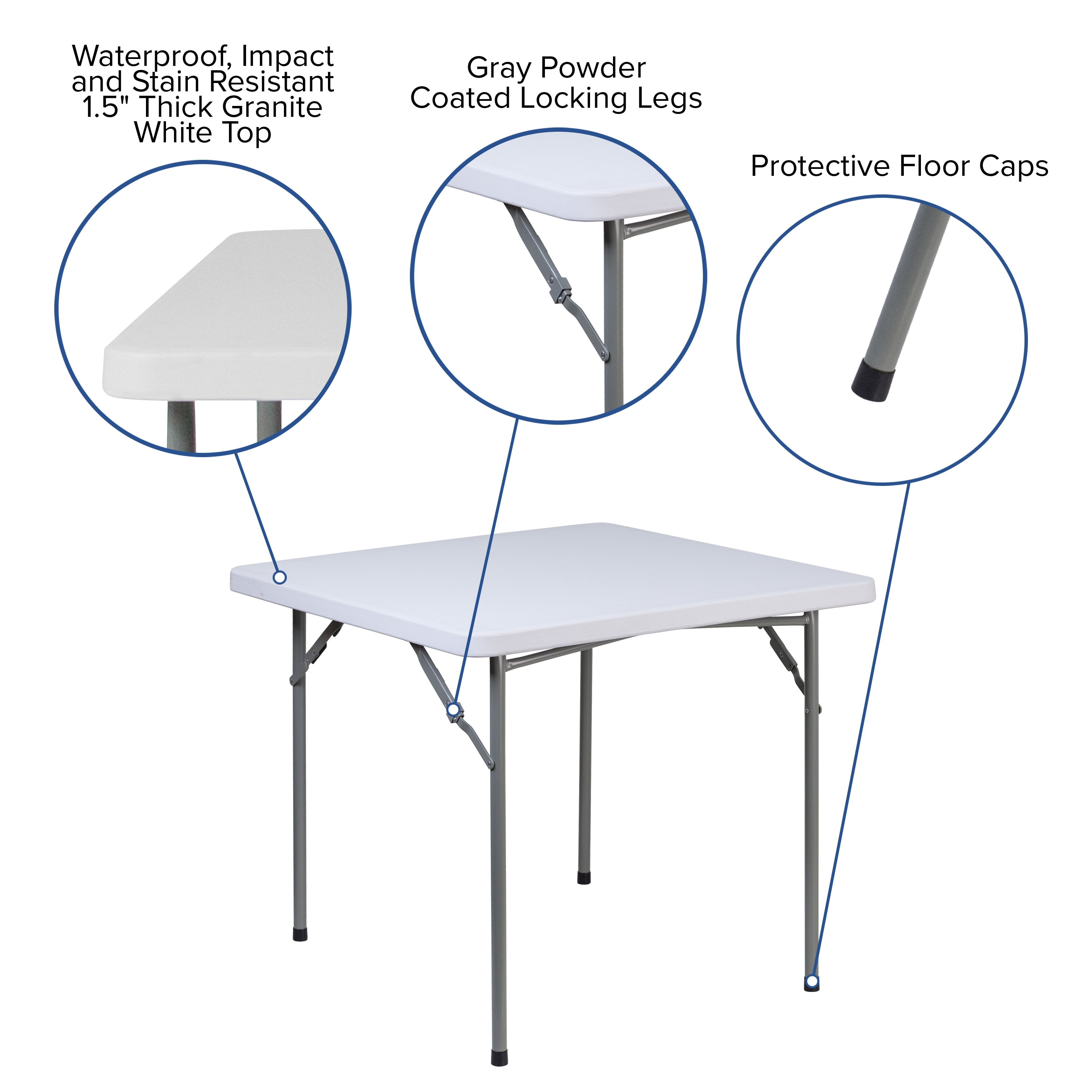 Granite White Square Plastic Folding Table with Gray Metal Frame