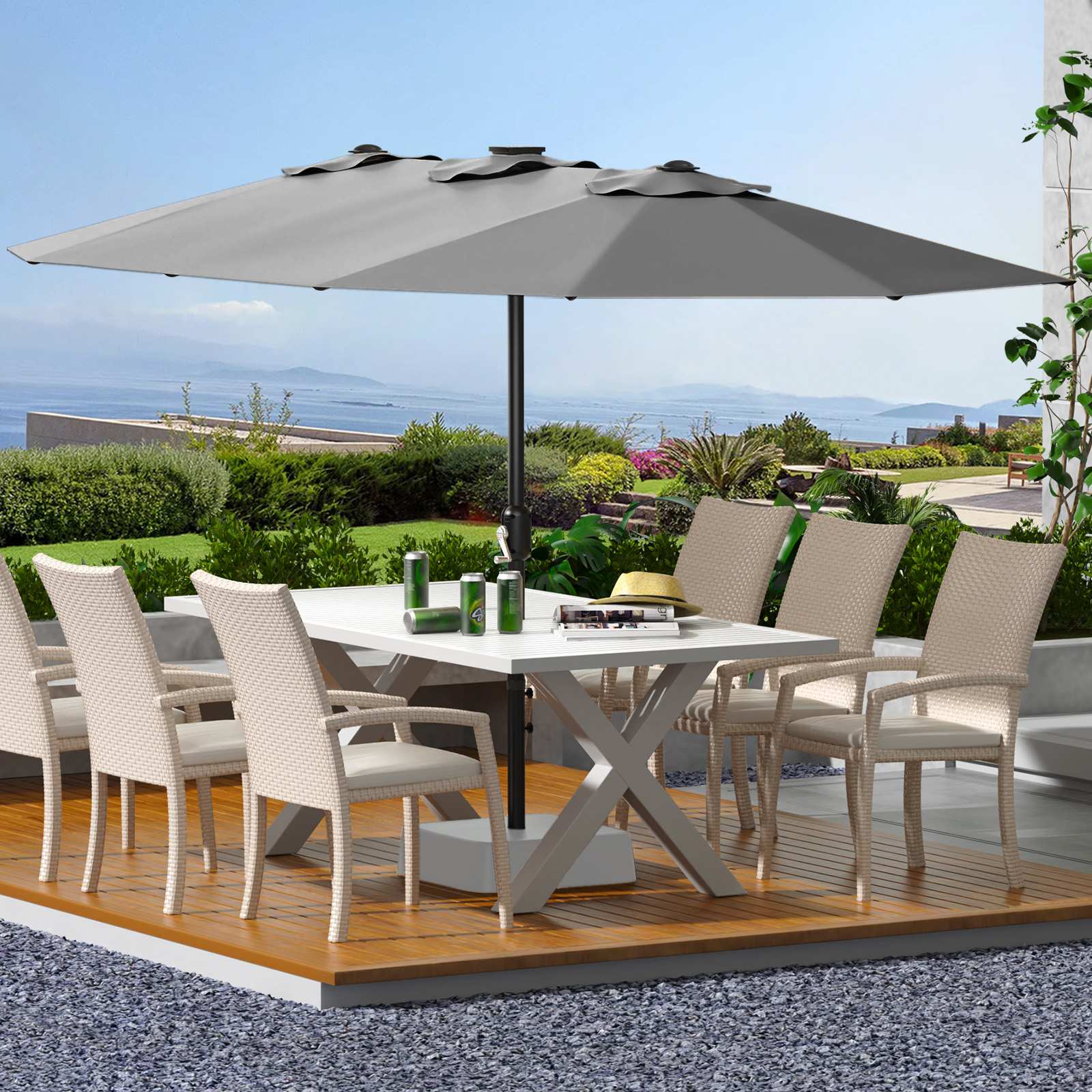Qeetex SQY-PPG-3353RFEQ 13 FT Double Sided Rectangle Patio Market Umbrella Heavy Duty Waterproof and Windproof Umbrella for Poolside Lawn and Backyard Gray