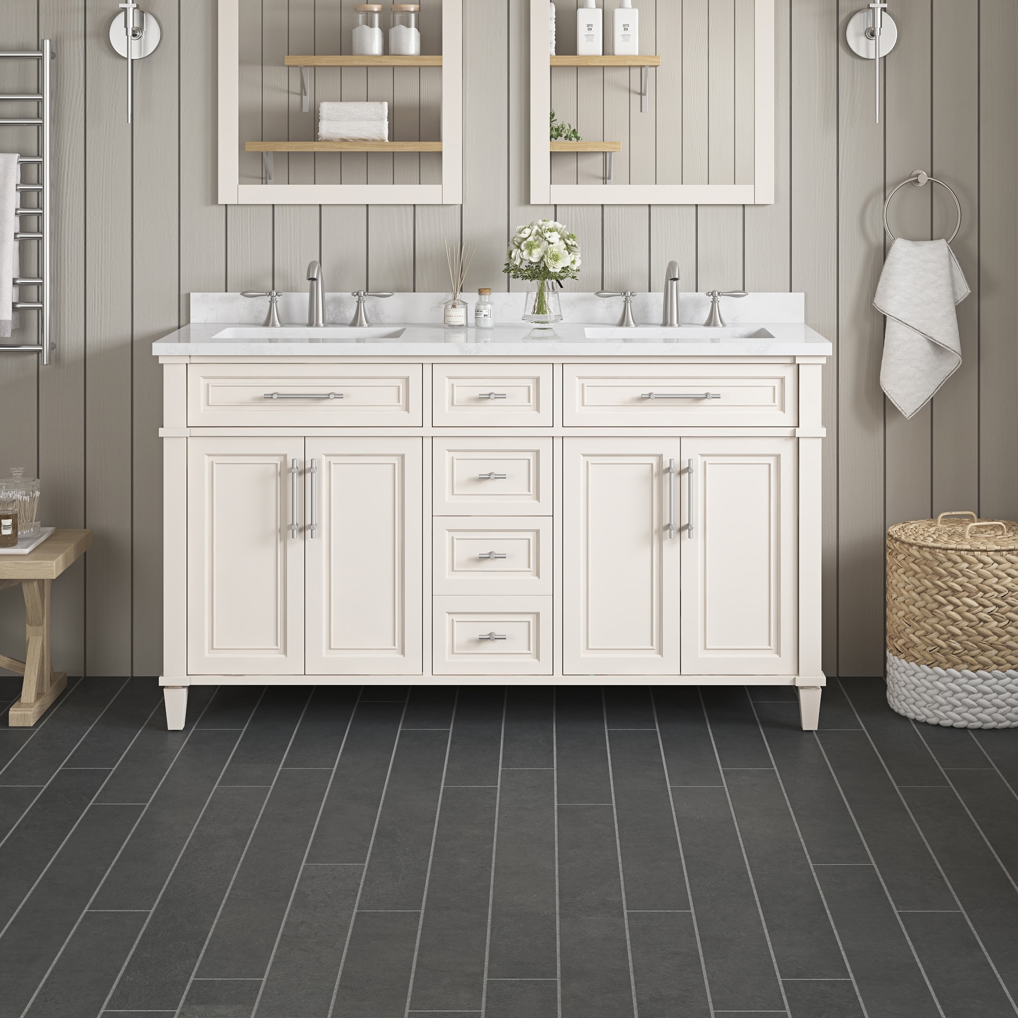 Highbrook 60-in Picket Fence Undermount Double Sink Bathroom Vanity with White Engineered Marble Top | - OVE Decors 15VVA-HIGH60-070