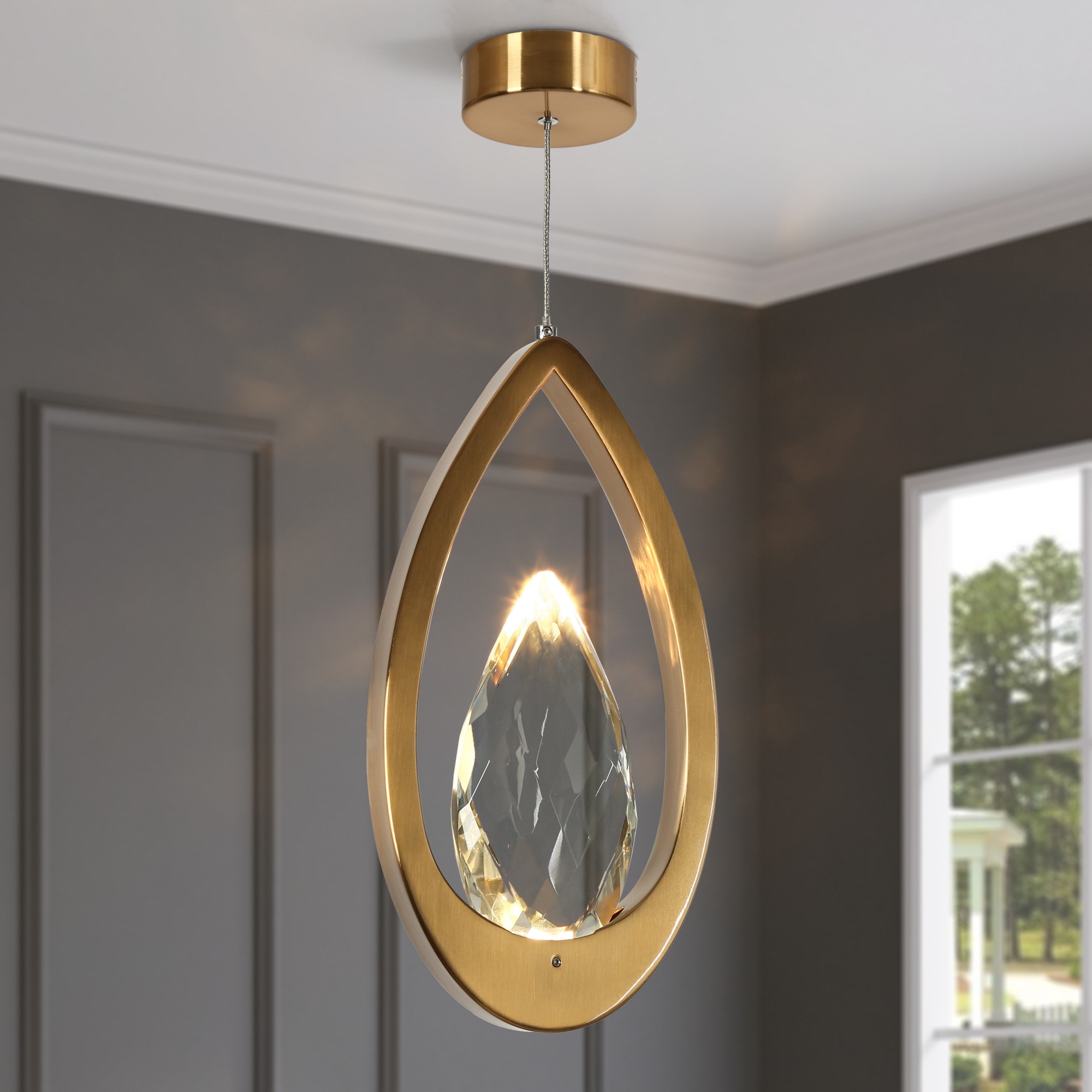 LNC Grouse 1 -Light Polished Copper and Crystal Glam Metal Crystal Teardrop LED Mini Hanging Pendant Light