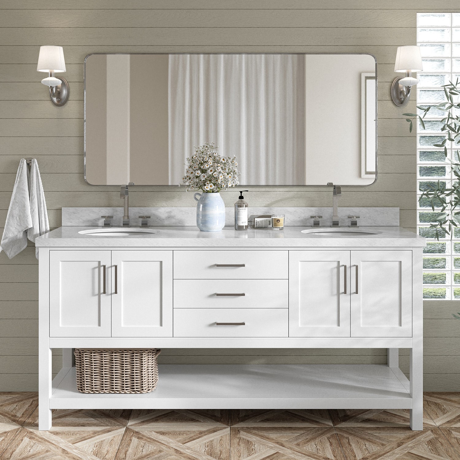 ARIEL S073DCWOVOWHT Magnolia 73-in White Undermount Double sink Bathroom Vanity with Carrara White Marble Marble Top