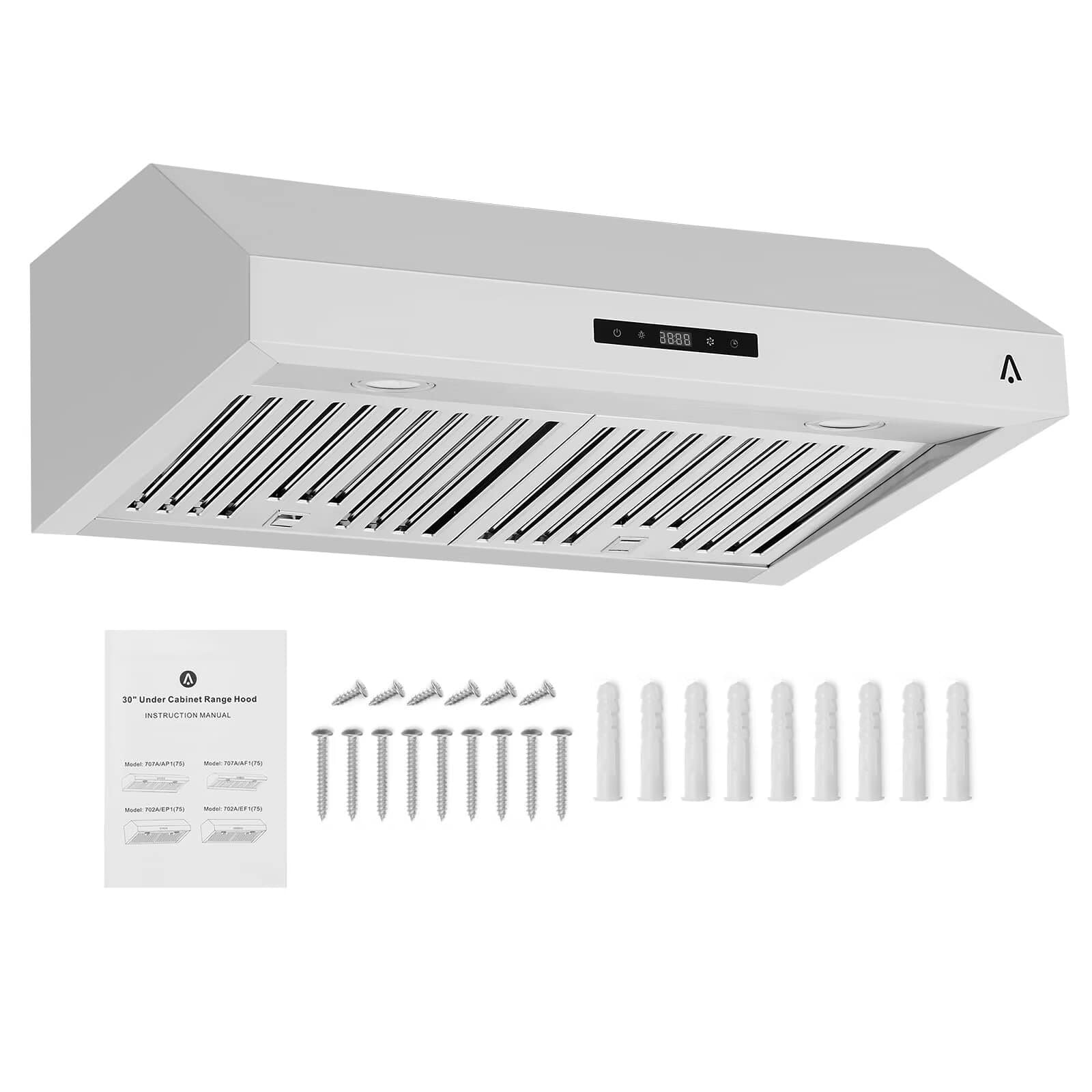 Qeetex JXNAG-PHO-1315F0T8 30 Inch Range Hood for Under Cabine Stainless Steel Range Hood 3-Speed Exhaust Fan Touch Screen Dishwasher Safe Baffle Filters LED Lamps 400 CFM