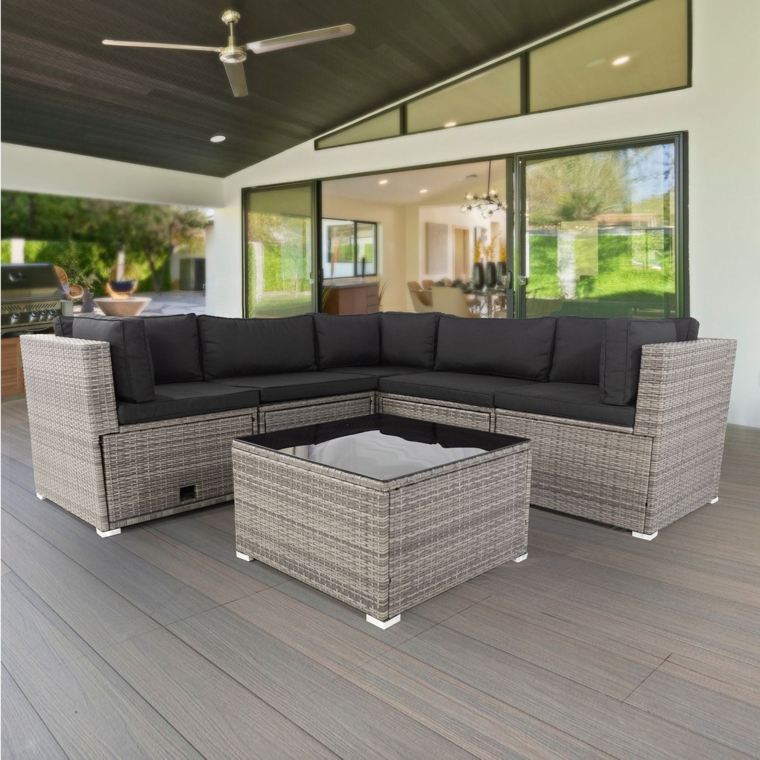 JASMODER Rattan Outdoor Sectional with Gray Cushion S Frame in