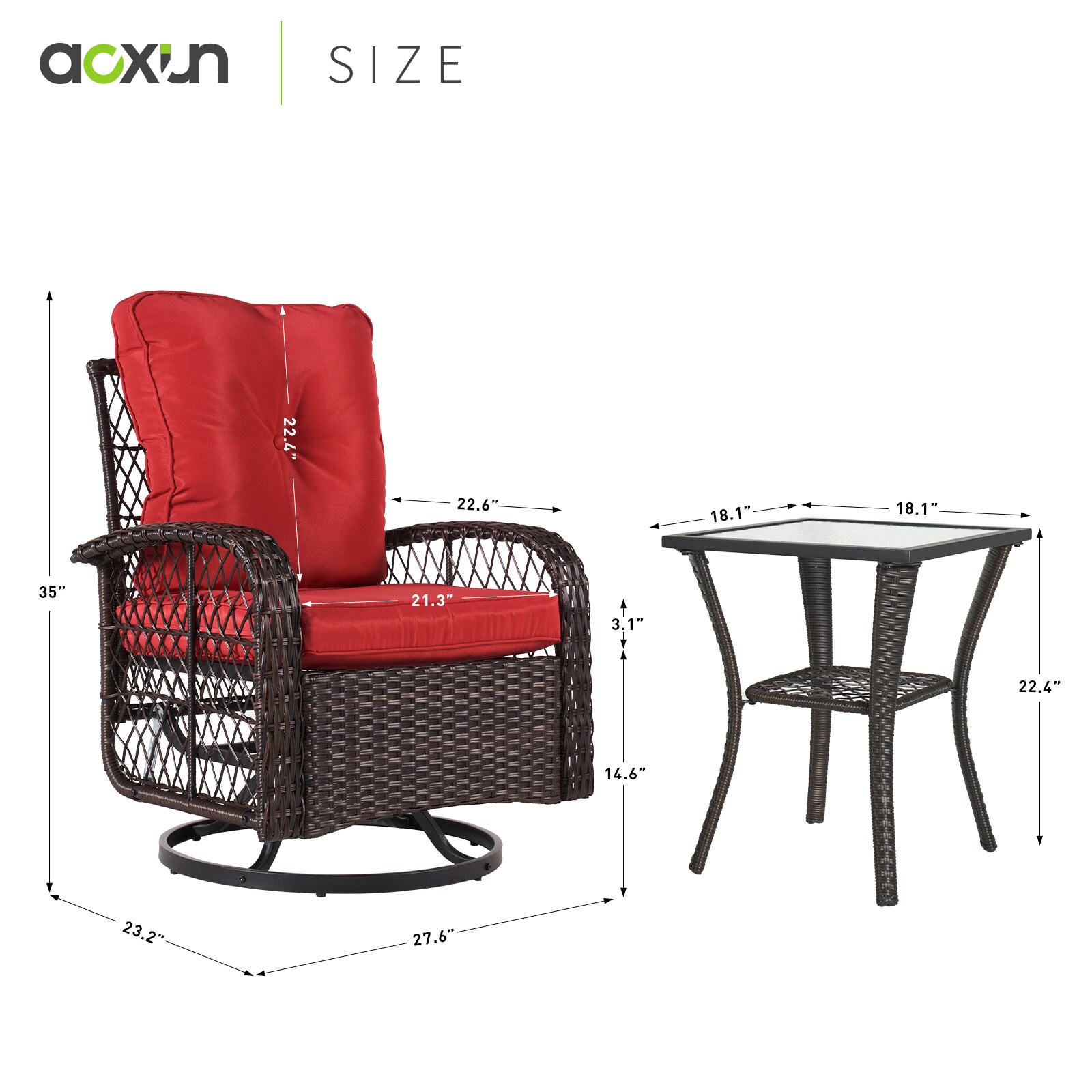 Red Cushioned Wicker Patio Bistro Set with Swivel Rocking Chairs