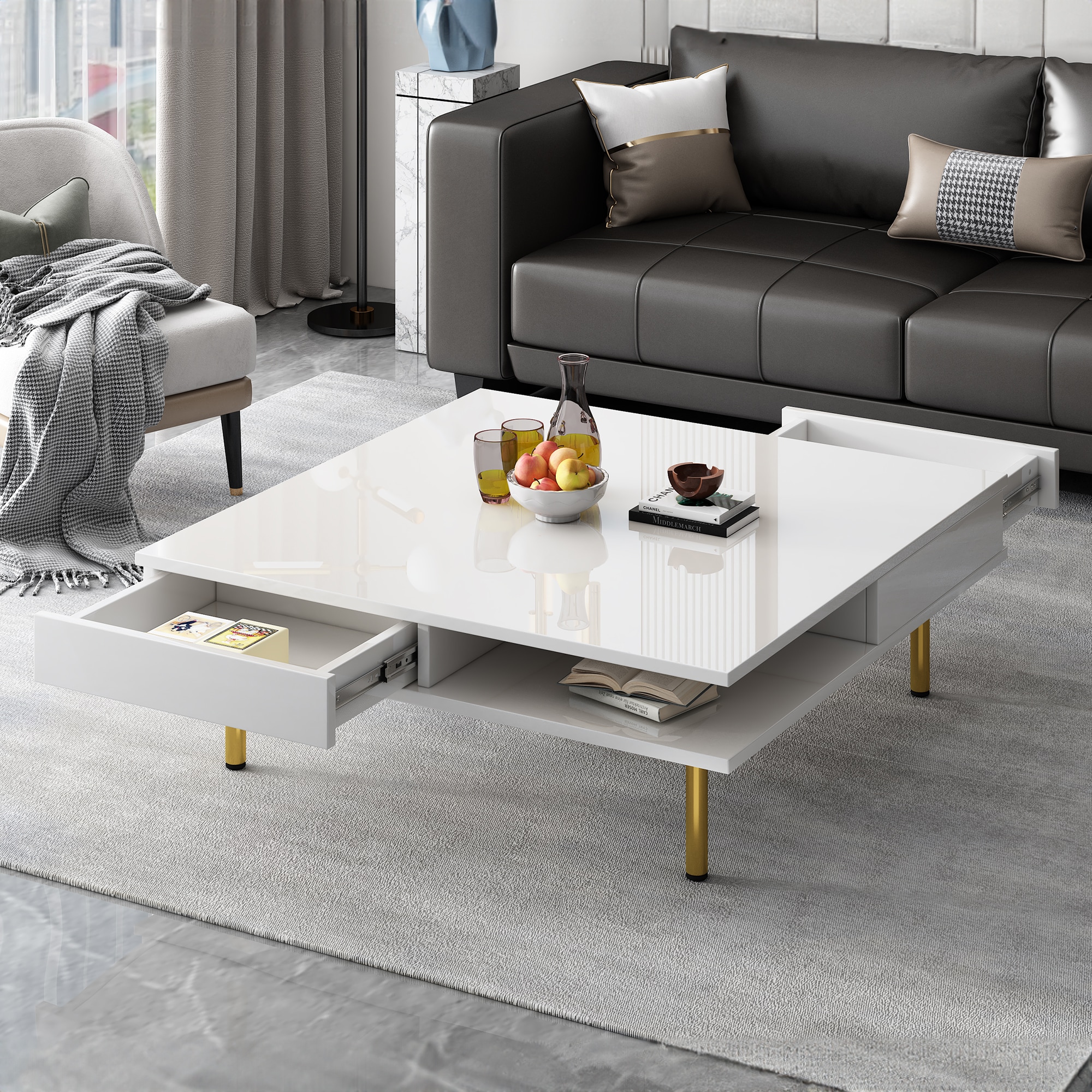 LOVMOR SF-M-WF315490AAK Exquisite High Gloss Coffee Table with 4 Golden Legs and 2 Small Drawers 2Tier Square Center Table for Living Room White