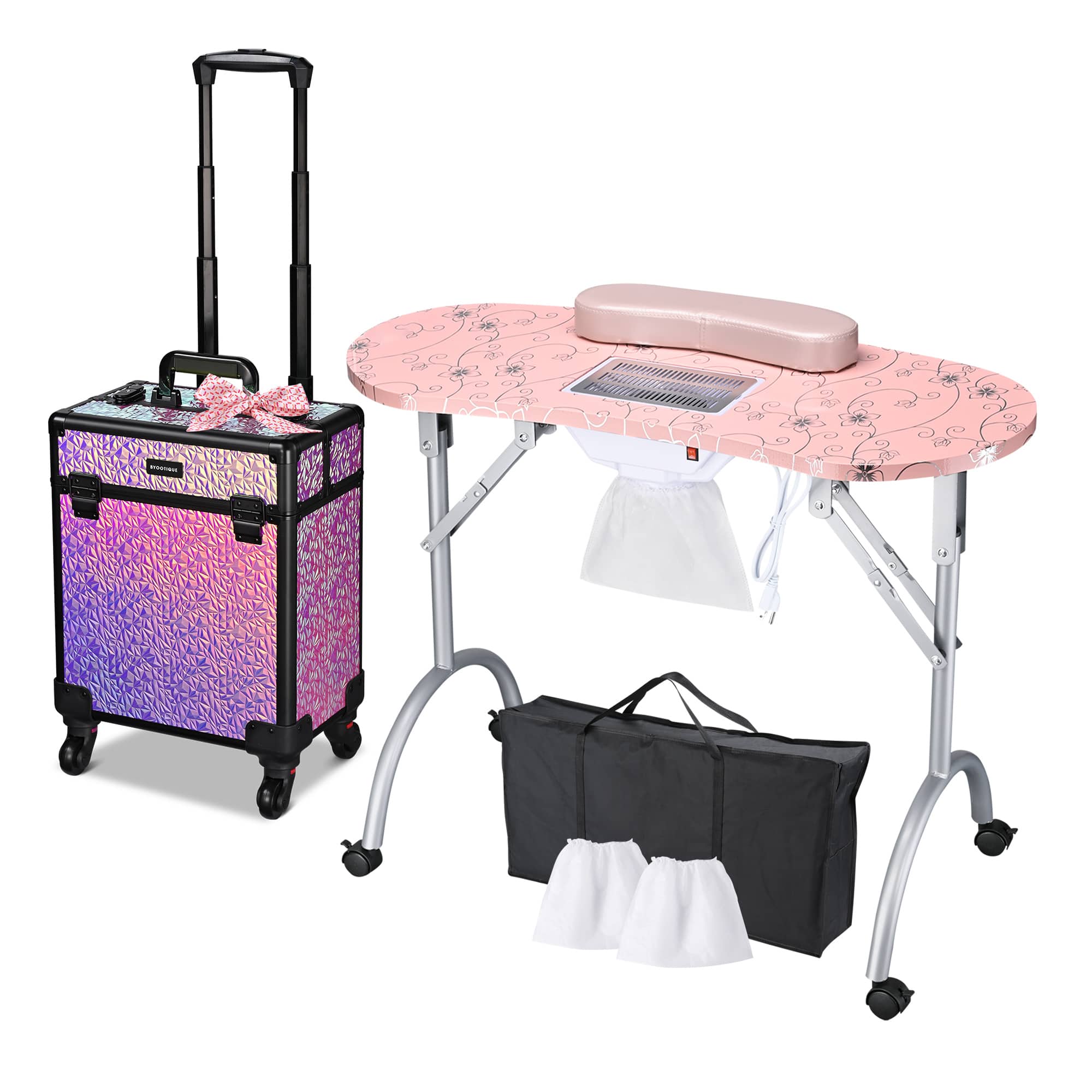 Yescom 12NATSET002-M0515-LO Byootique Manicure Table Nail Desk and Rolling Makeup Train Case Kit Mermaid Pink
