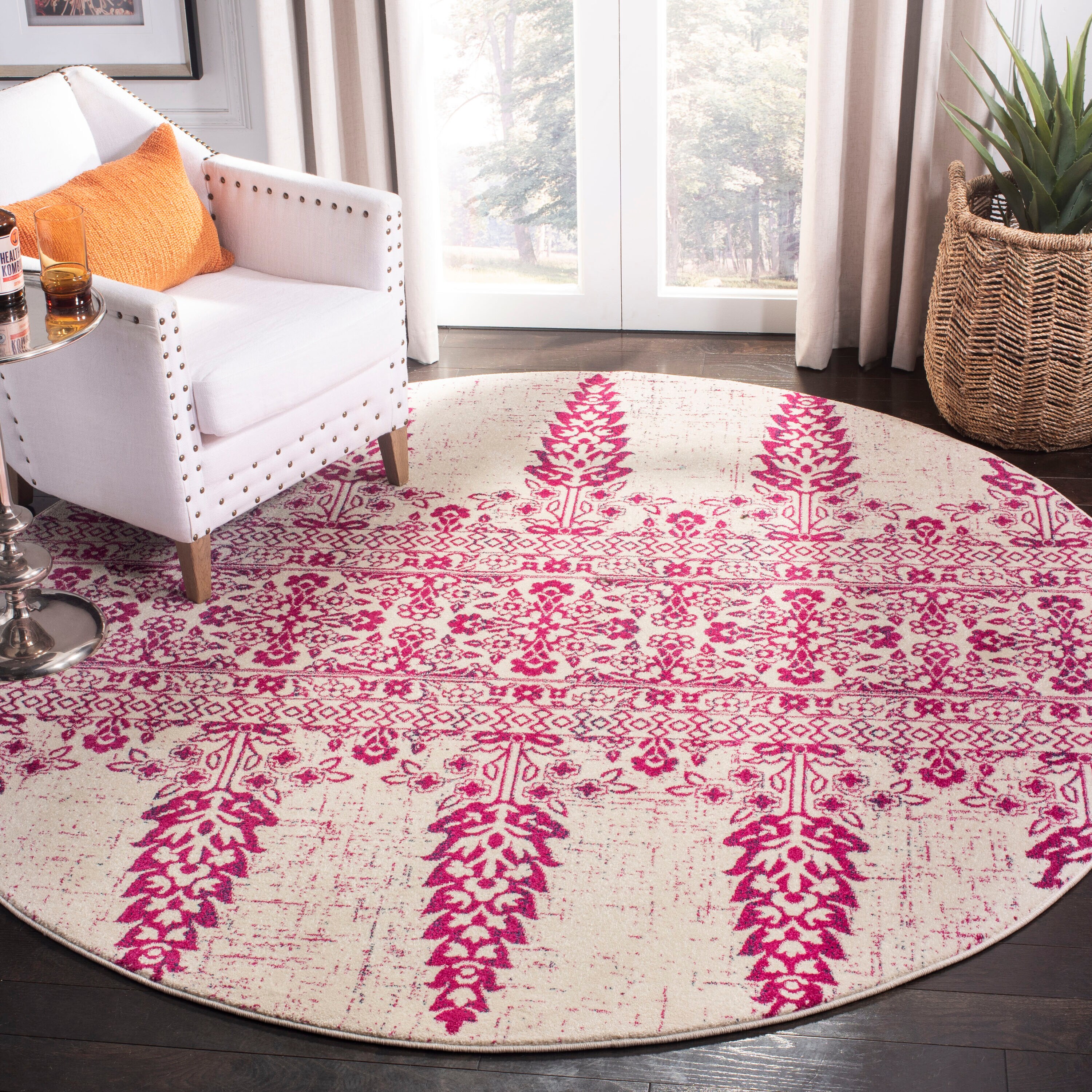 Safavieh Synthetic Ivory/Fuchsia Round Indoor Area Rug in the Rugs ...