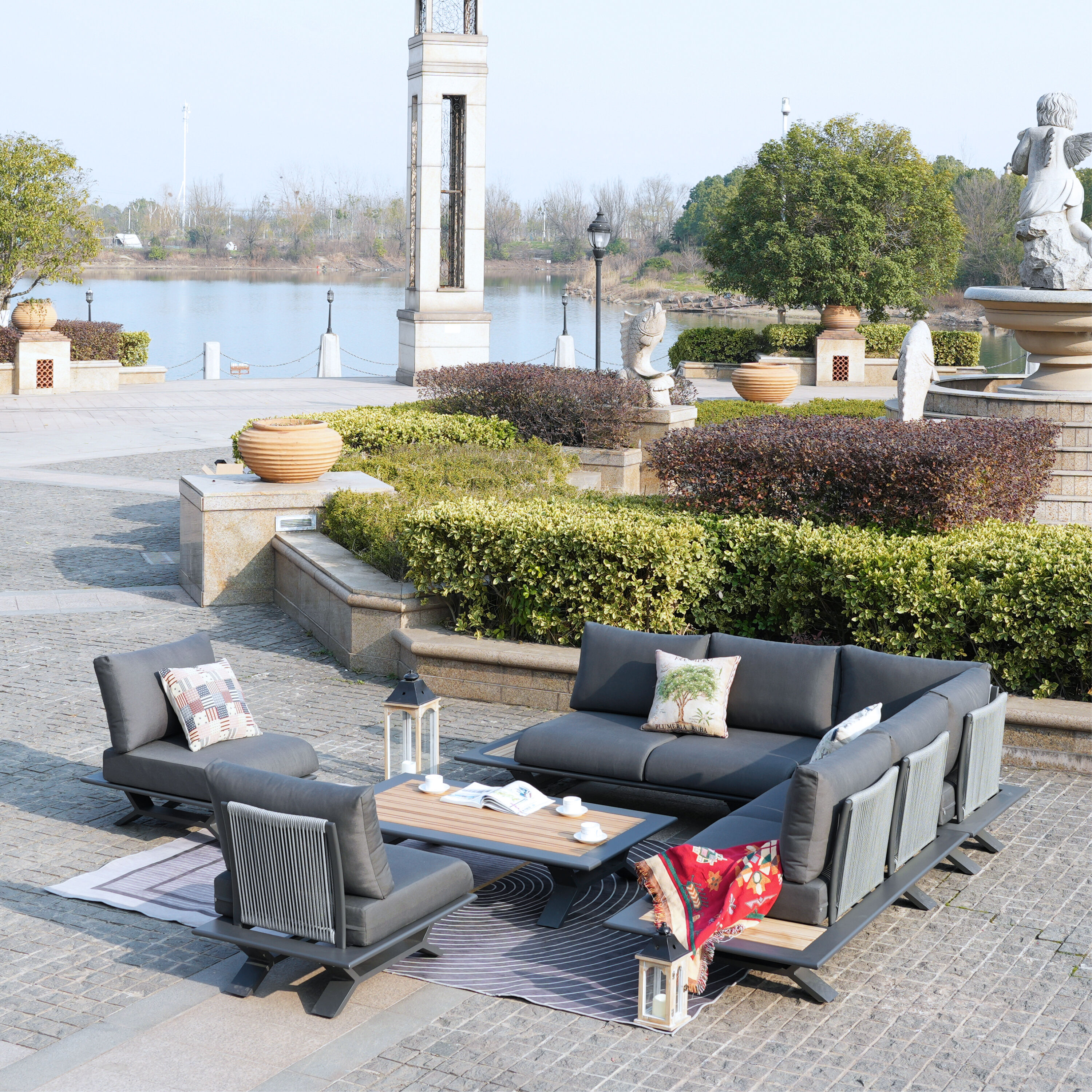 Direct Wicker DWS-2323-DG 6 -Piece Patio Sofa Conversation Set with Gray Cushions