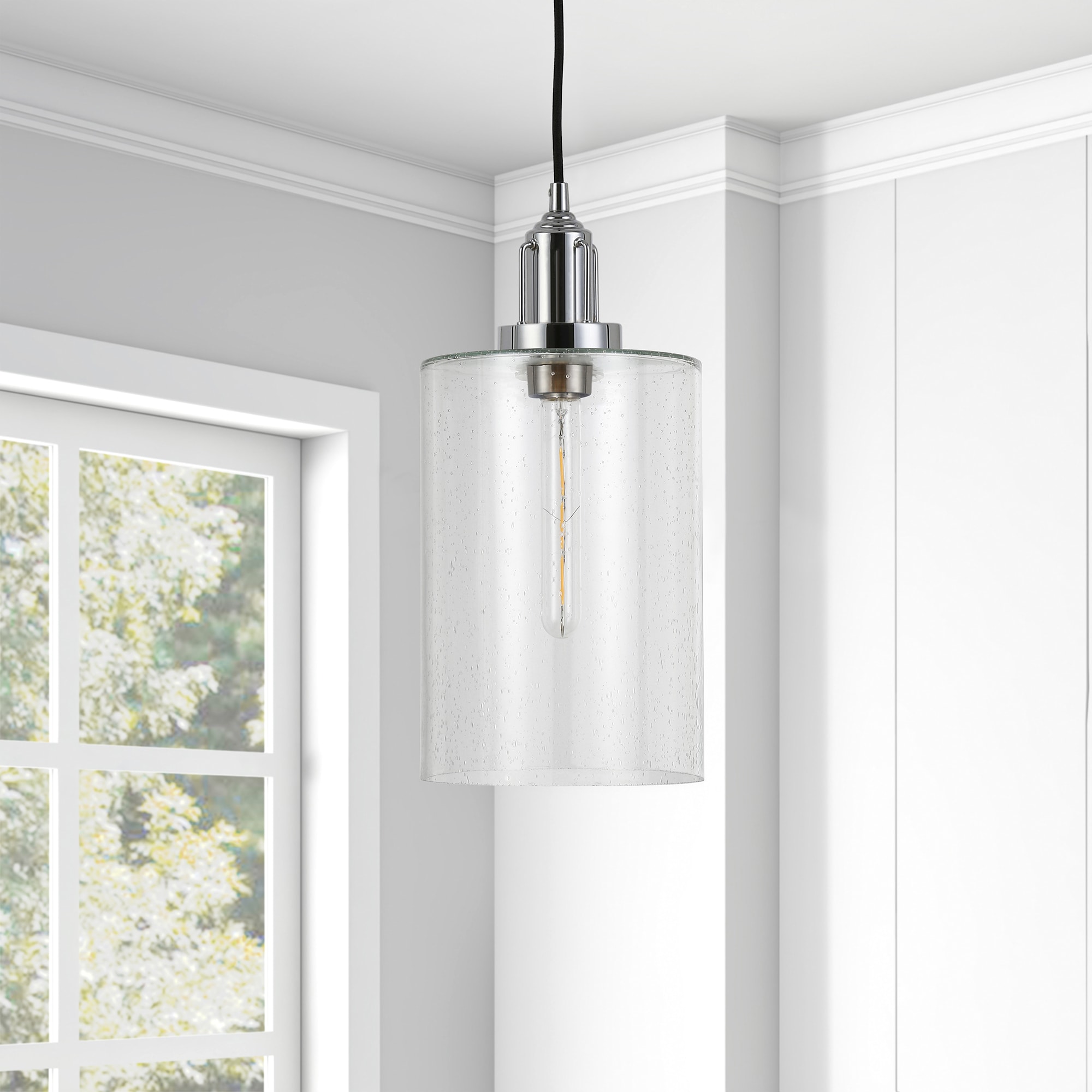 Hailey Home PD0075 Nora Polished nickel Traditional Seeded glass Cylinder Medium Hanging Pendant light