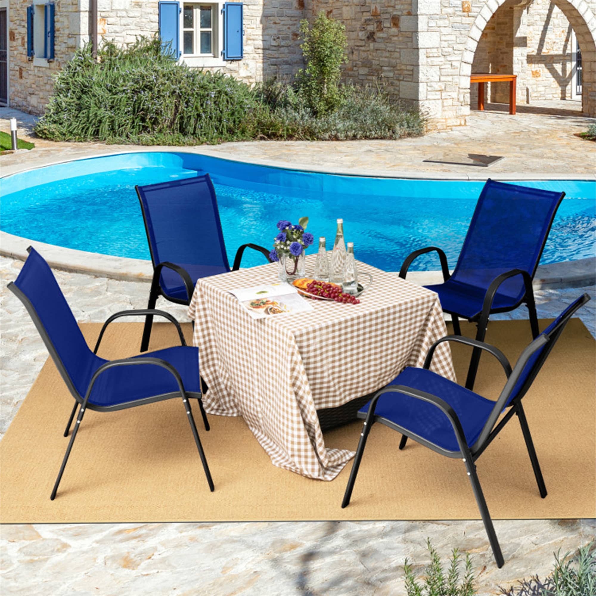 BABOOM BOM-384NY-4-CO 4 Pieces Stackable Patio Dining Chairs Set of 4 black Steel Frame Stationary Dining Chair with Navy Sling Seat