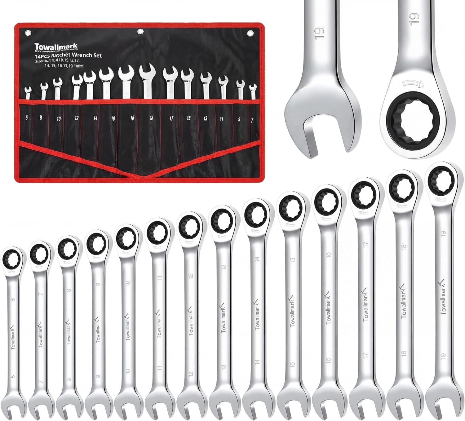 IdealHouse 14-Piece Metric Ratcheting Wrench Set 6-19mm Fixed Head Chrome Vanadium Steel Combination Spanners with Storage Bag for Mechanics and DIY #BOX-P5V7-GZVN