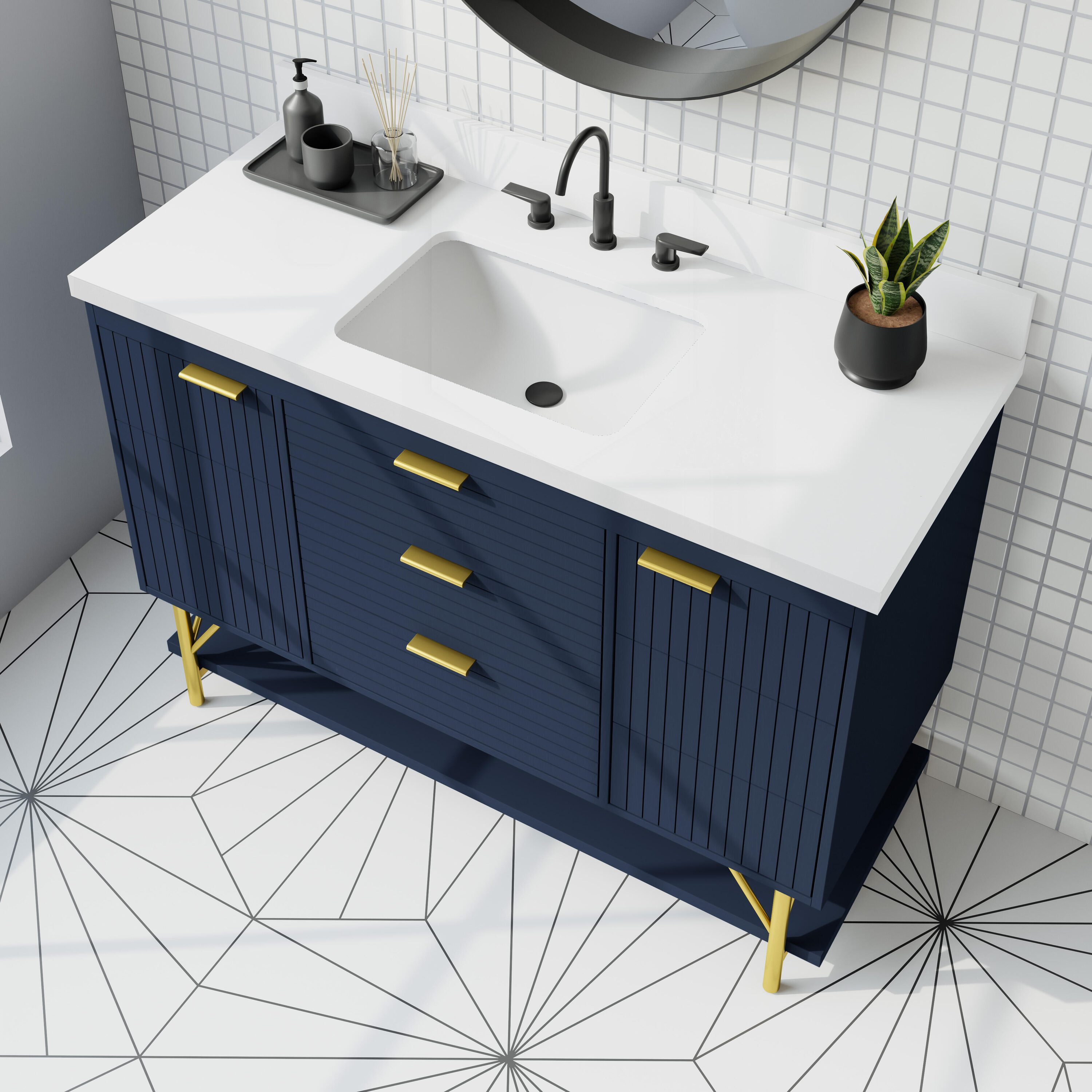 Scott Living Calletano 48-in Navy Blue Undermount Single Sink Bathroom  Vanity with White Quartz Top