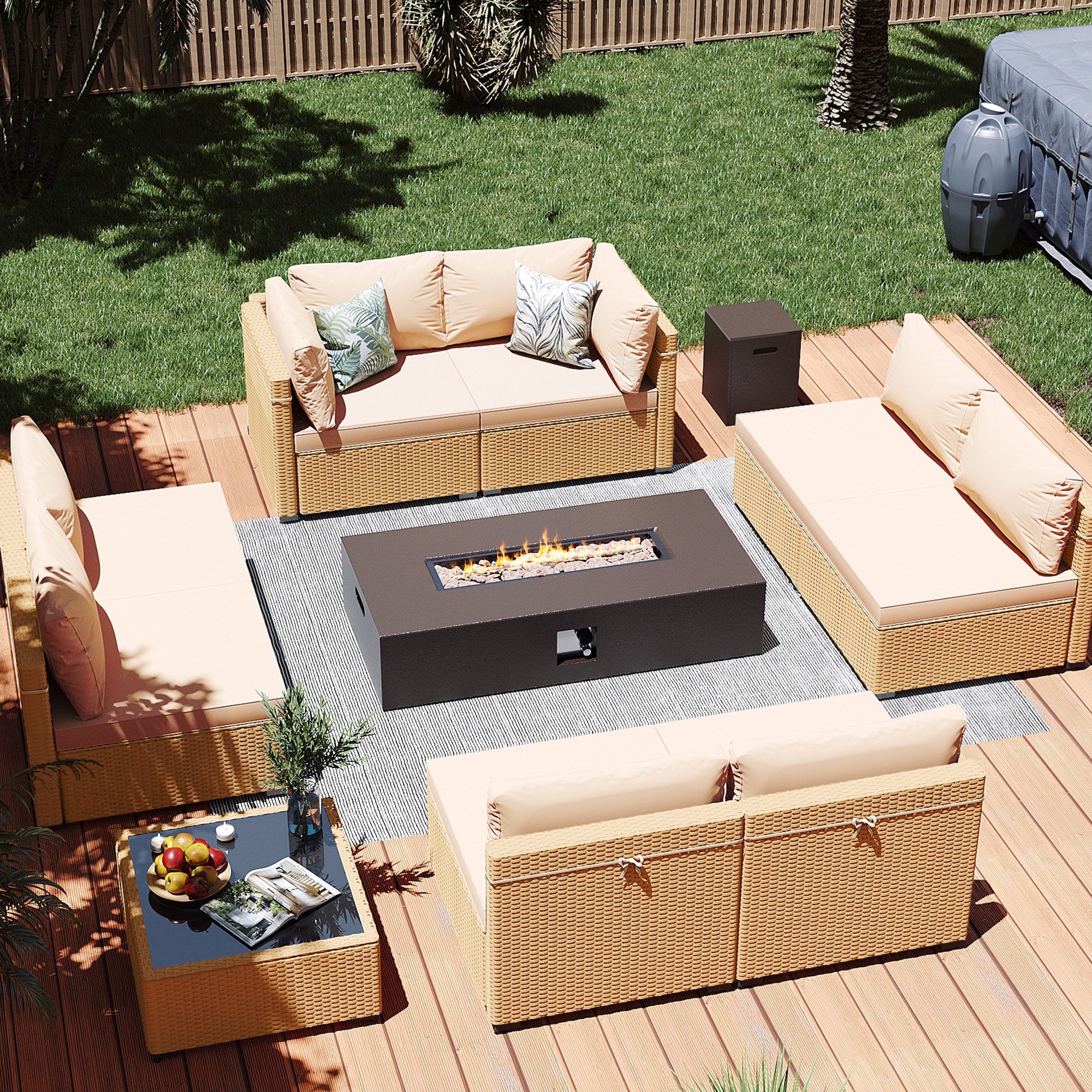 Patio Watcher LS-RT9-KD56BR-Y1 10 -Piece Rattan Patio Conversation Set with Beige Cushions