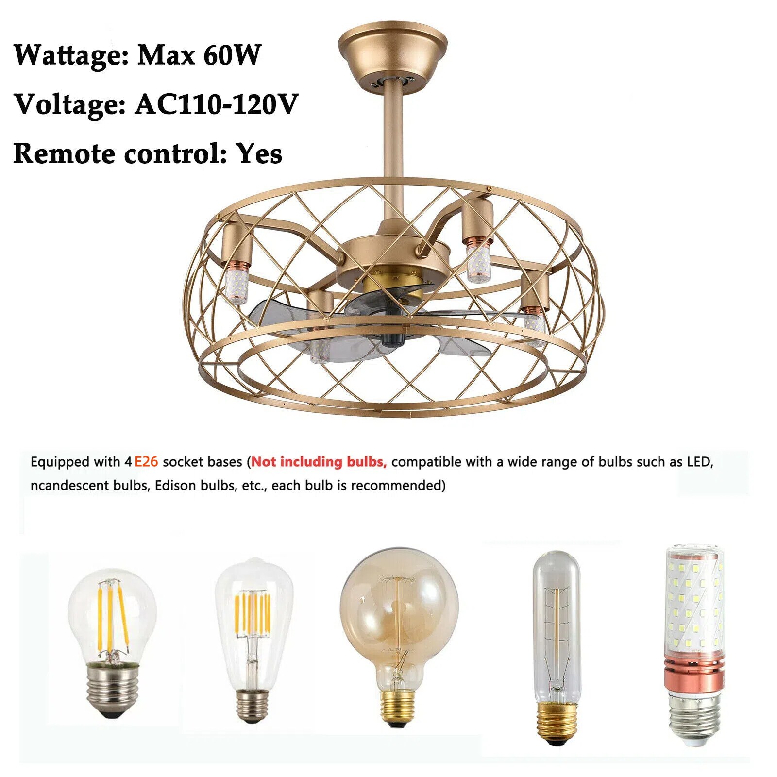 20" Gold Aluminum Caged Ceiling Fan with LED Light and Remote