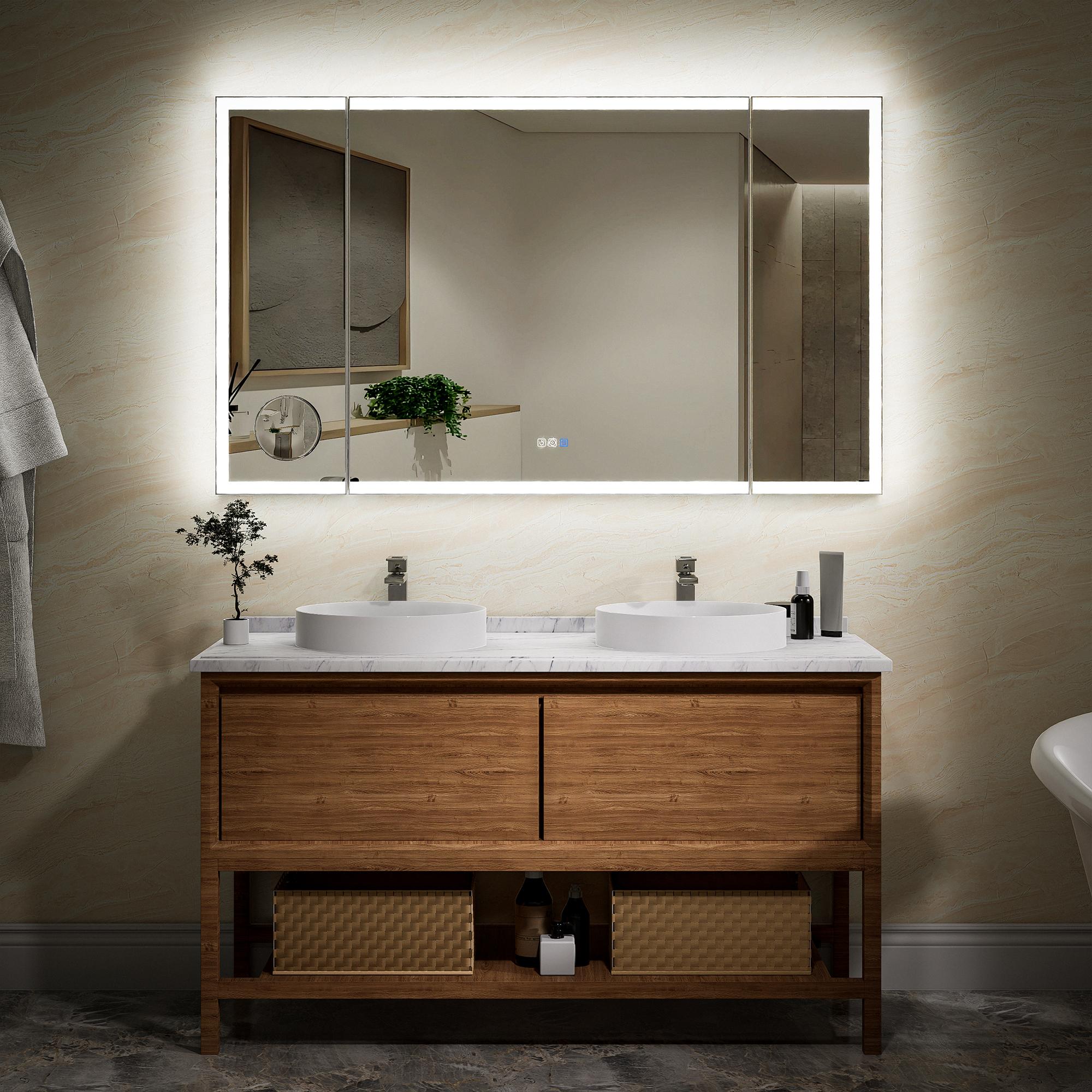 Bayfeve BFXB-9V6036-MIR Tri-Fold Lighted Vanity Mirror 60-in x 36-in Beveled Rectangle Dimmable LED Lighted Fog Free Bathroom Vanity Mirror ( Silver )