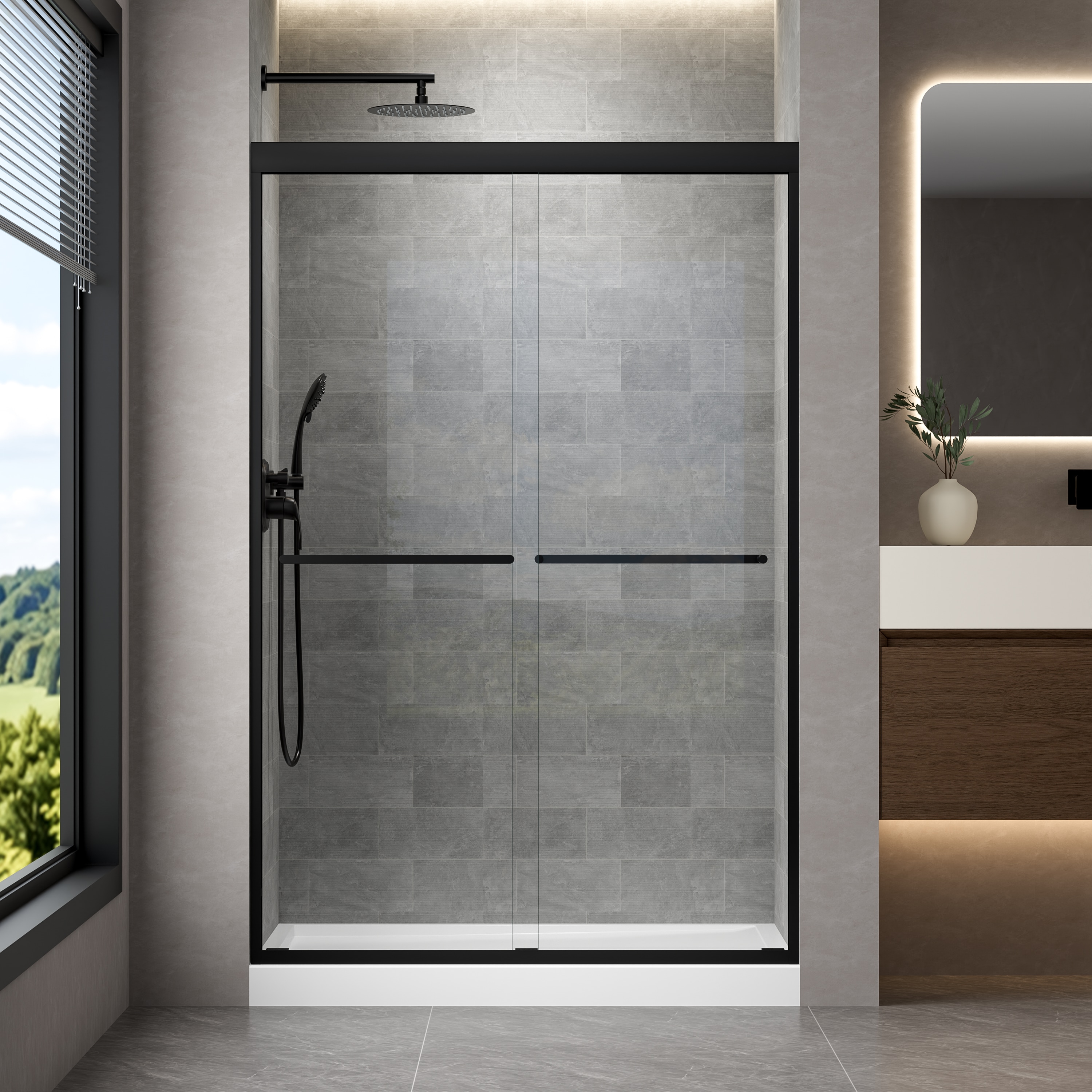 WELLFOR - GY Sliding Shower Door Matte Black 44-in to 48-in W x 72-in H Framed Clear Glass Bypass...