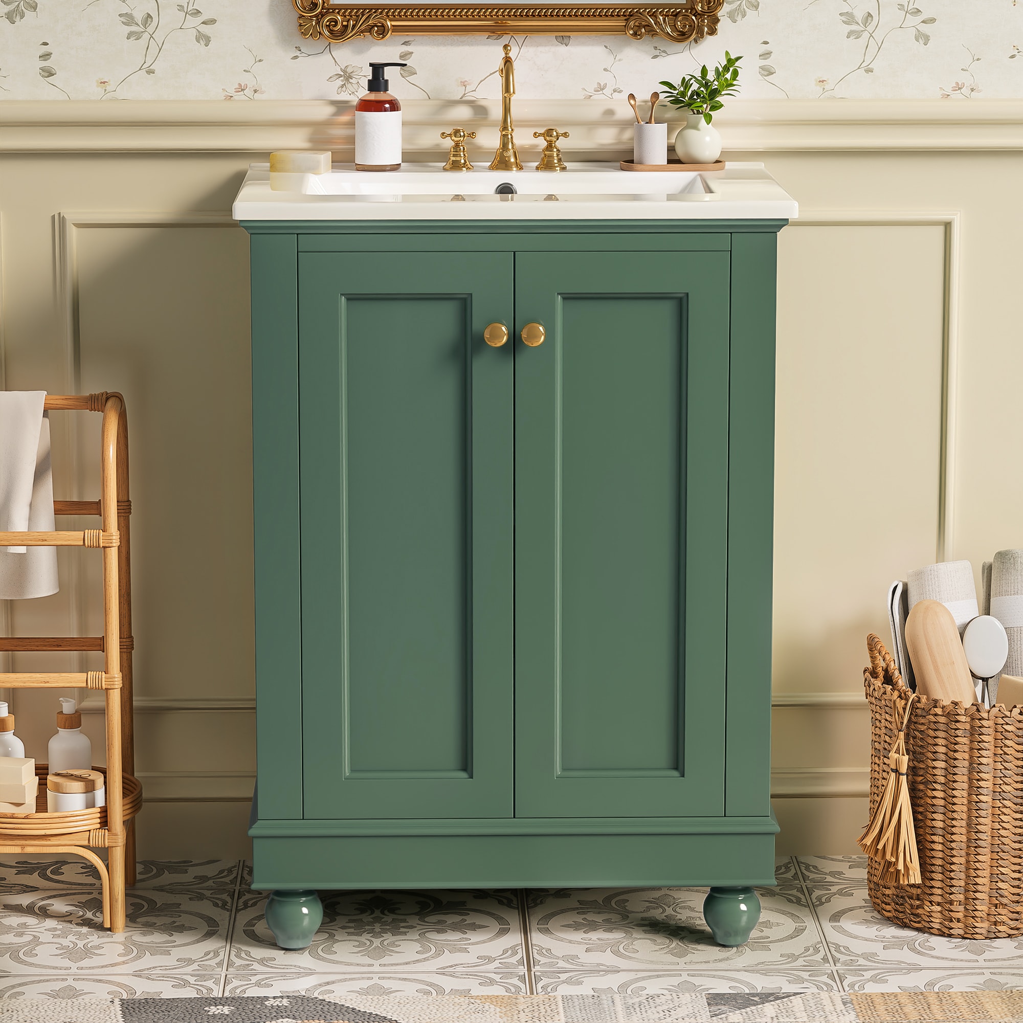 Huluwat - 24-in Modern Bathroom Vanity with Ceramic Sink Adjustable Shelf and Soft-Close Storage