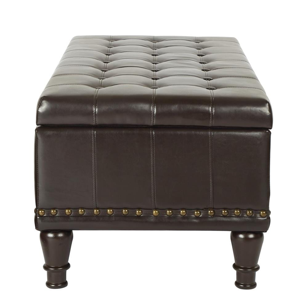 Espresso Bonded Leather Tufted Storage Ottoman with Nailhead Accents