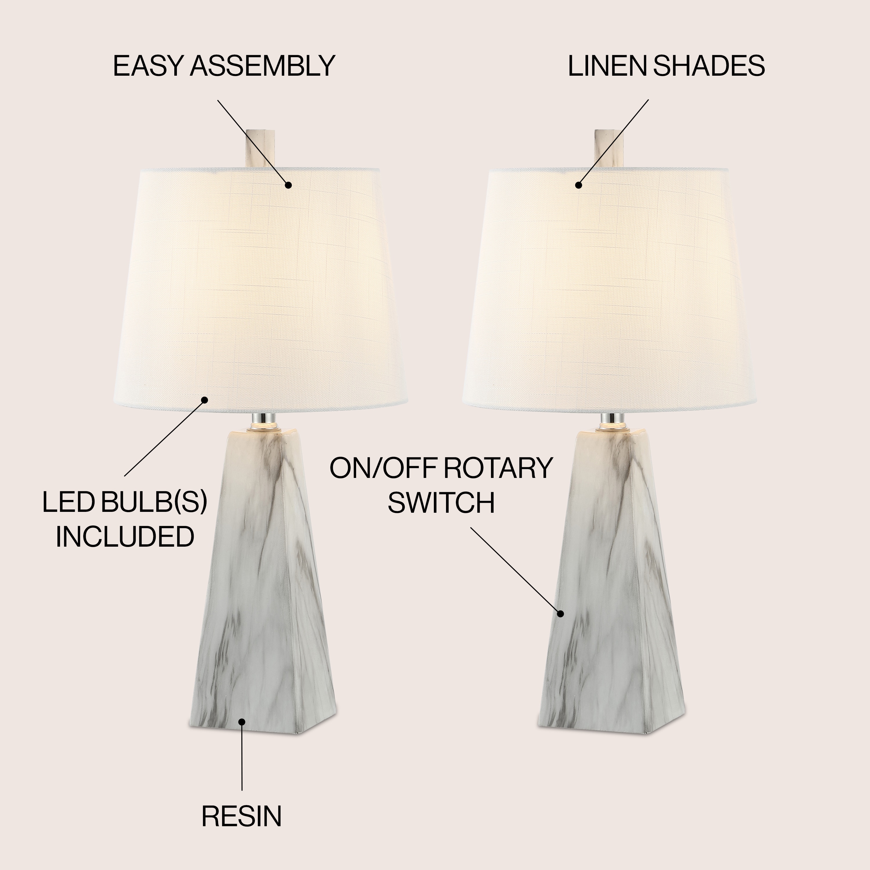 Owen 20.5" White Marble Finish Resin Table Lamp Set with Linen Shade