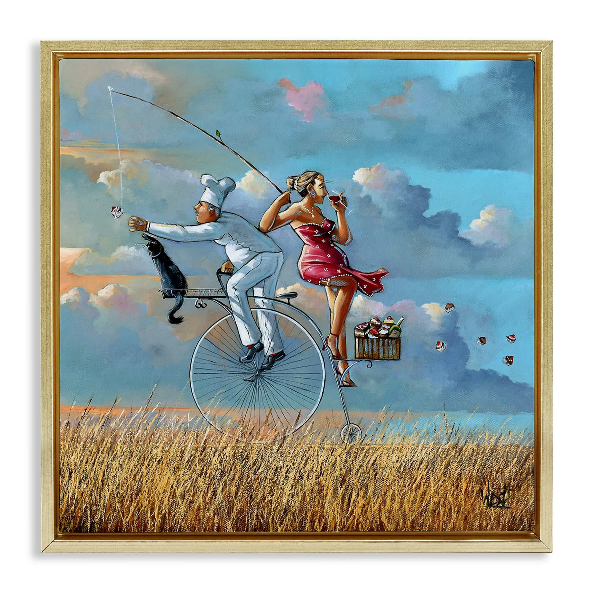 Stupell Industries BS-771-FFG-24X24 Charming Lady and Chef Bicycle View Gold Framed Floater Canvas Wall Art By Ronald West 25 x 25