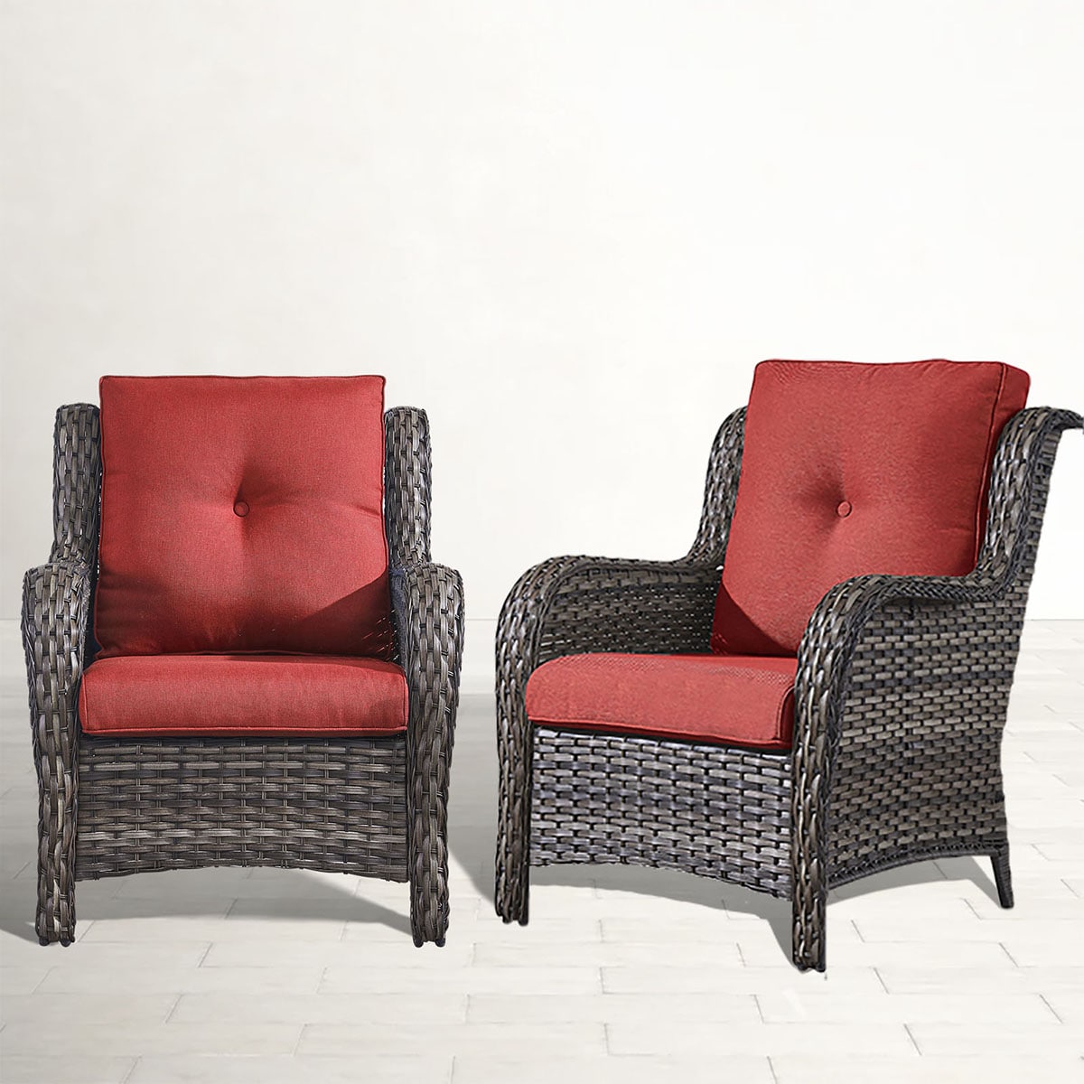 Rilyson FS017-5 Curved handrail Set of 2 Wicker Gray Wicker Frame Stationary Conversation Chair with Red Cushioned Seat
