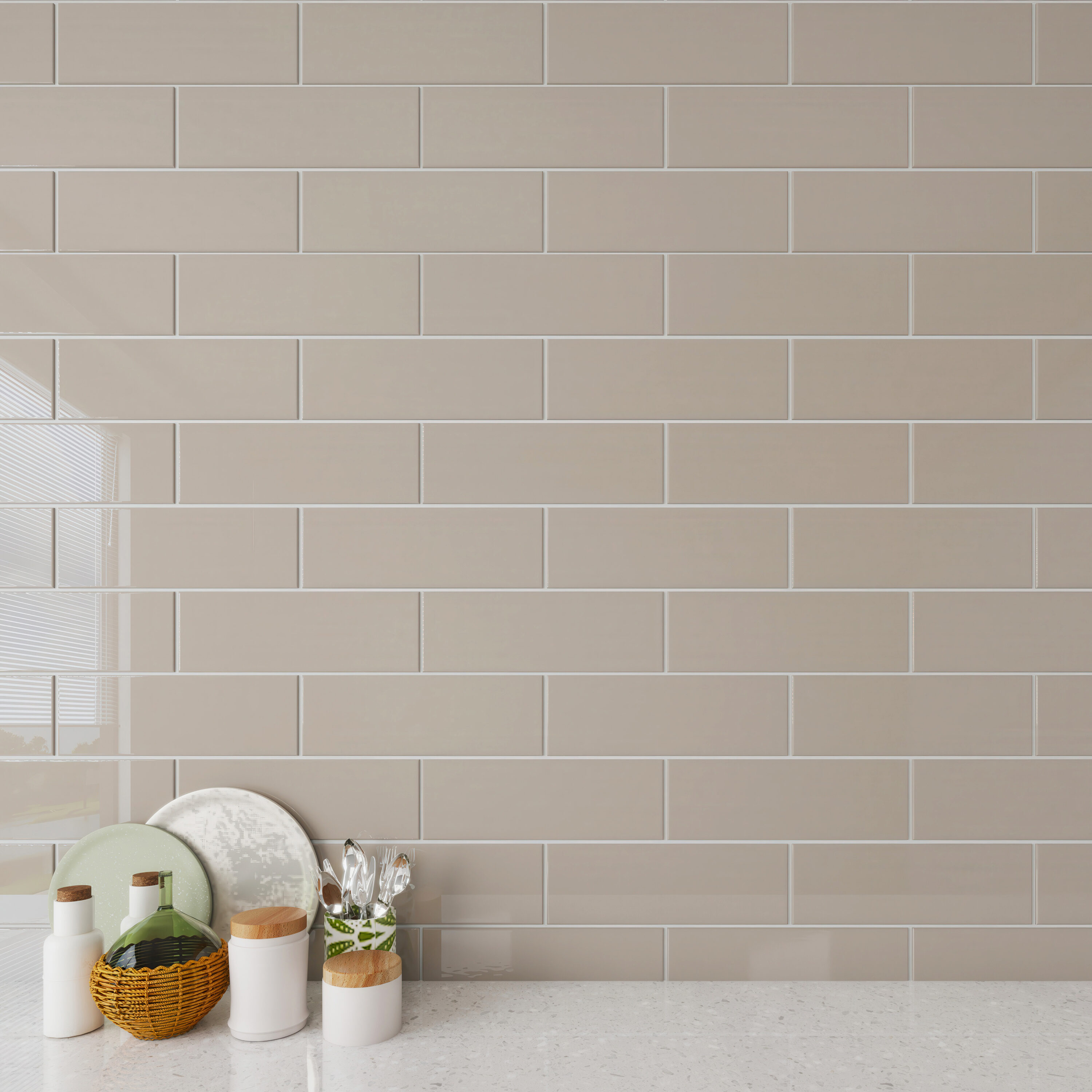 Giorbello G4114 Classic Premium Light taupe 4-in x 12-in Glossy Glass Subway Standard Wall Tile ( 5-sq ft Carton )