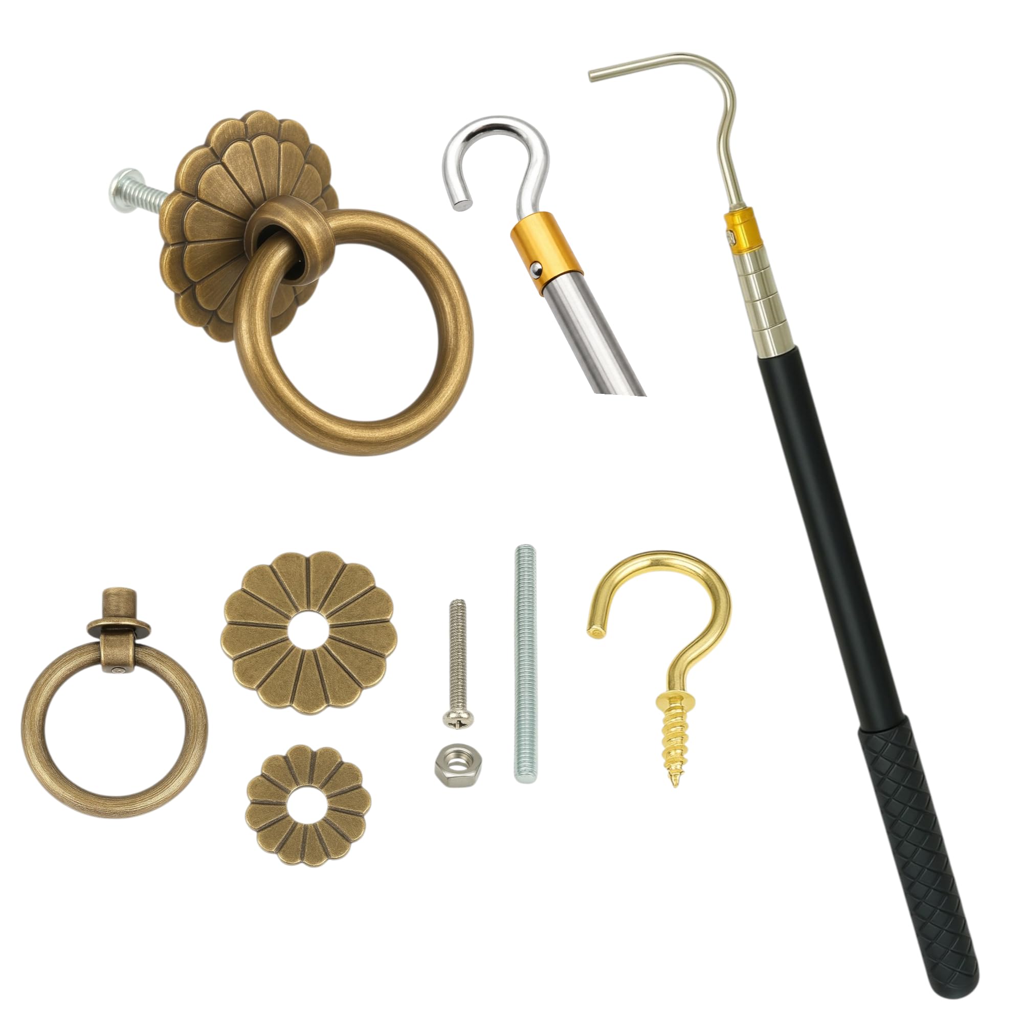 UUDULY  Attic Ladder Pull Down System Kit with Retractable Extension Pole Fifteen to Sixty Four Inch Vintage Copper Handles and Durable Hardware