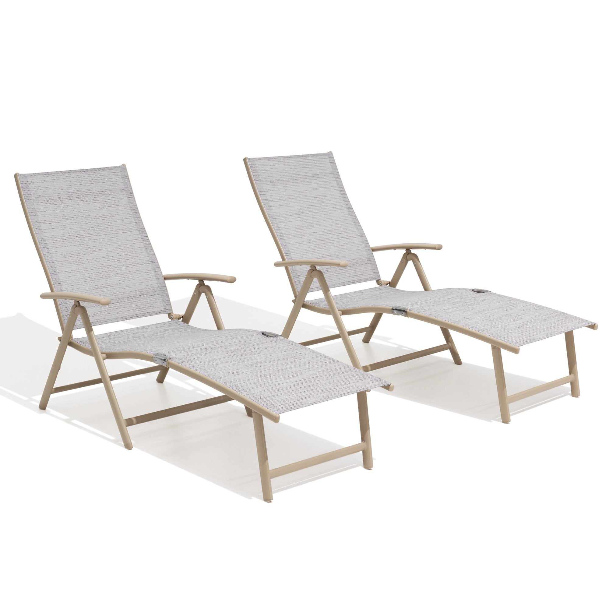 Crestlive Products CL-LG001WGB-2 Folding Patio Chaise Lounge Chair for Outside Set of 2 Brown Aluminum Frame Stationary Chaise Lounge Chair with Off-white Textilene Mesh Seat