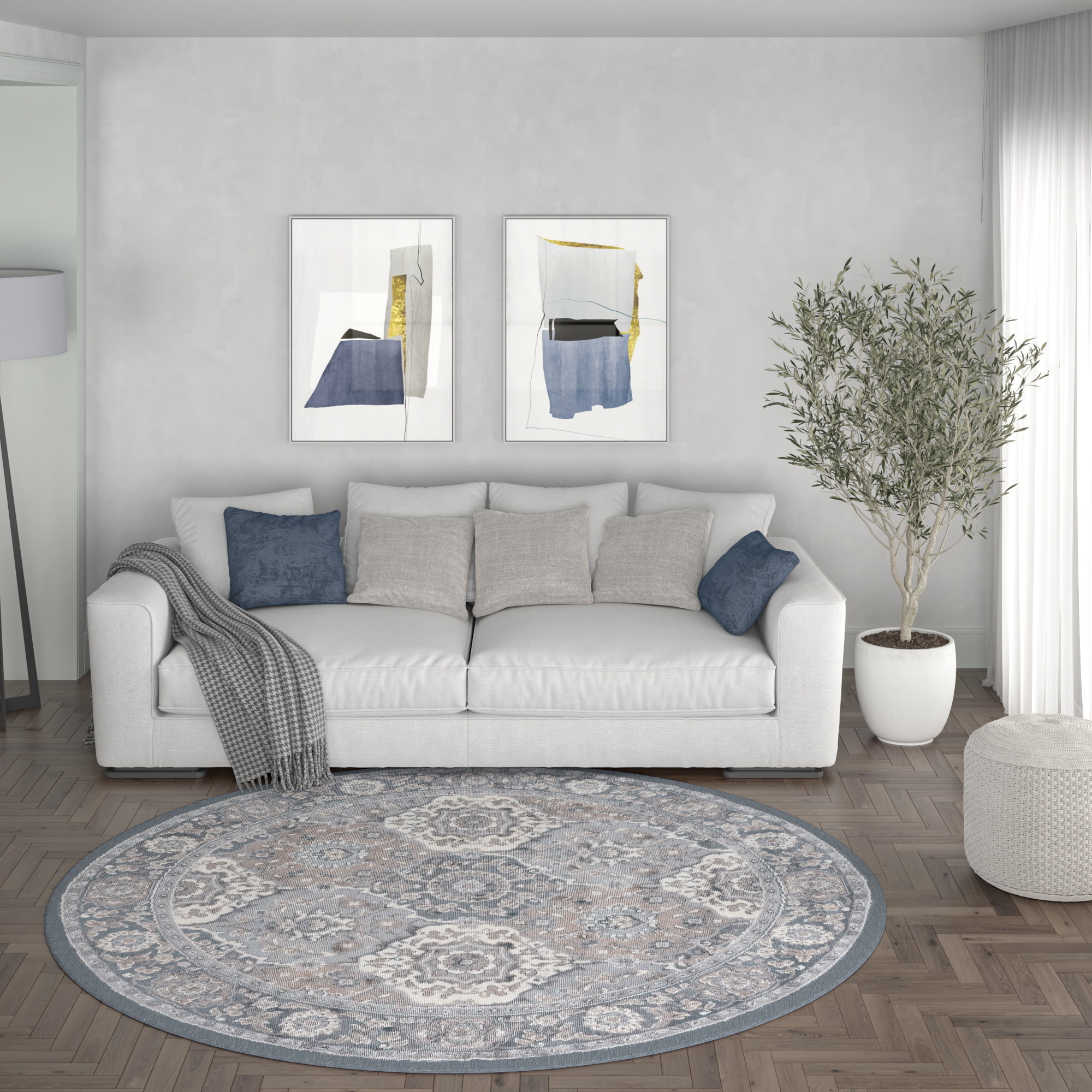 Tayse MDN3609 8RND Madison 8 x 8 (ft) Loomed Polypropylene Gray Round Indoor Floral/Botanical Oriental Area rug