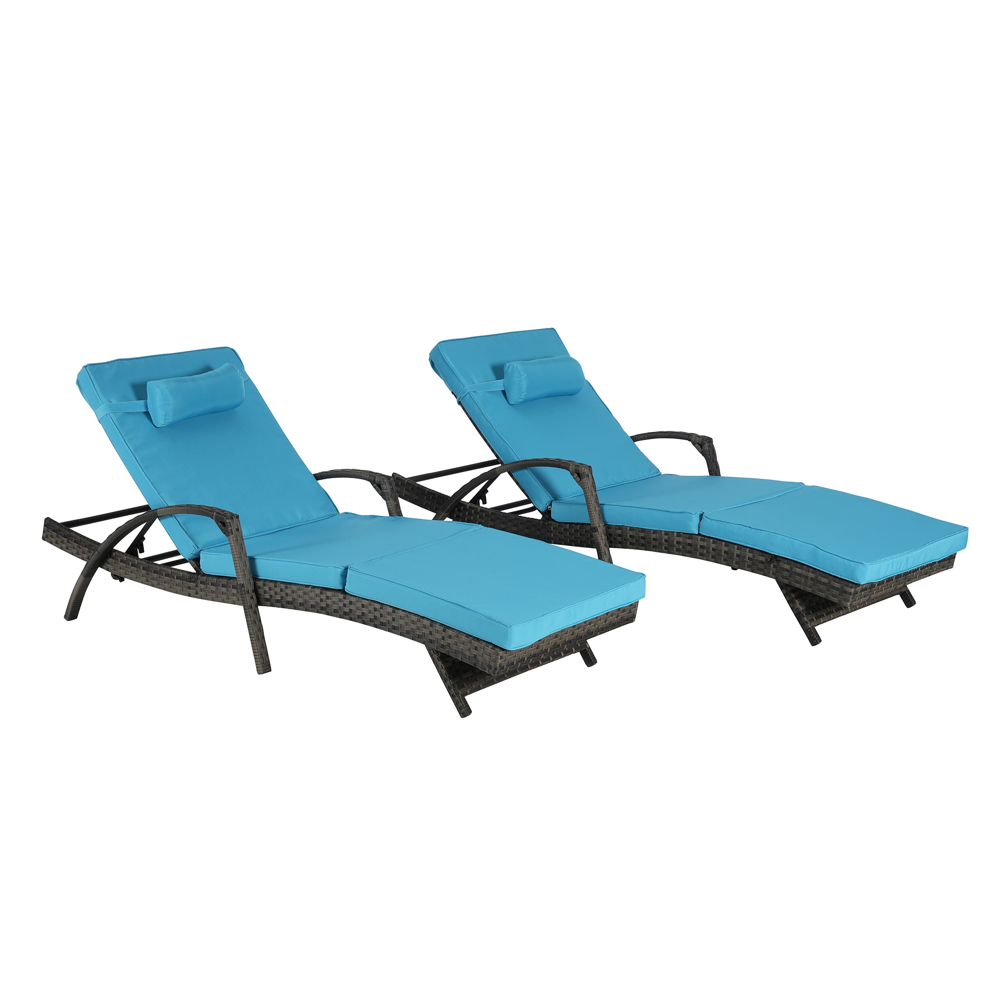 Bybafun YB6700106 Set of 2 Wicker Brown Metal Frame Stationary Recliner Chair with Blue Cushioned Seat