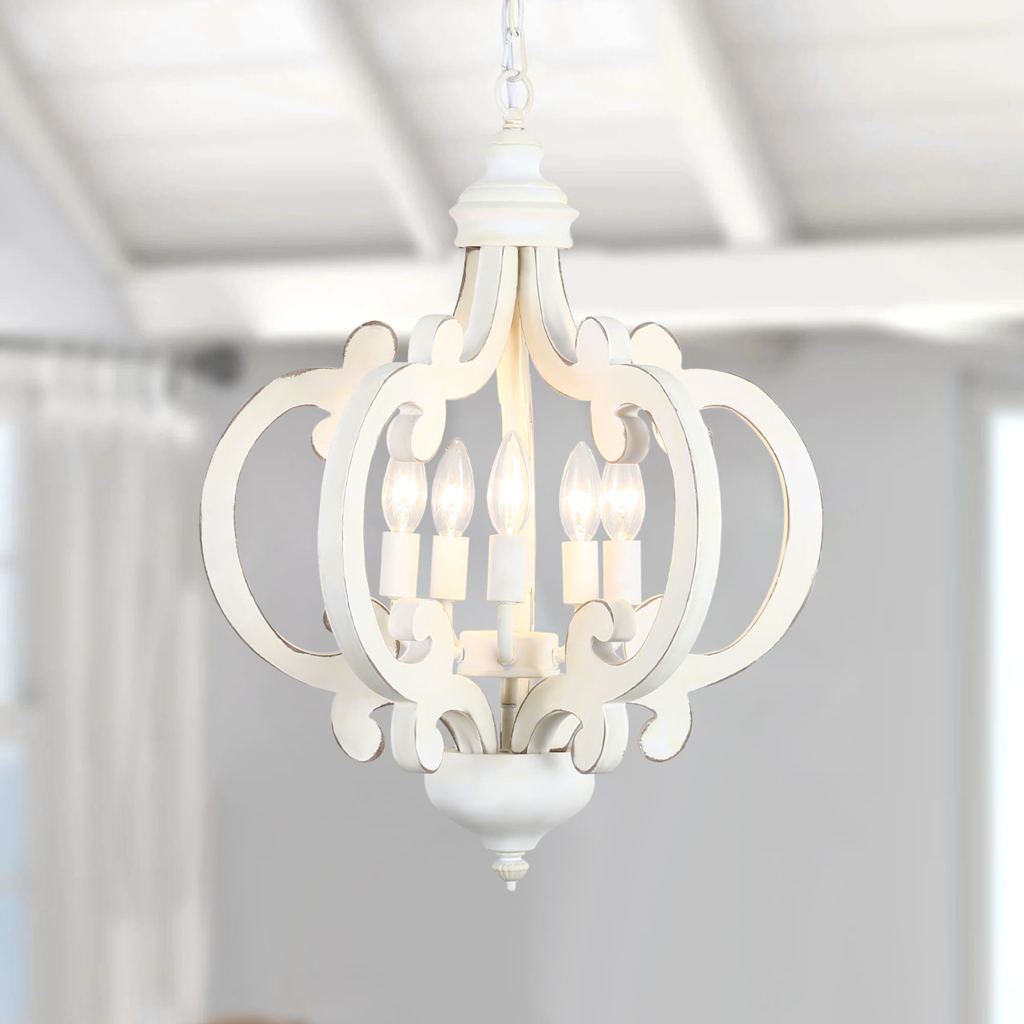 HLJYNJM 5-Light Distressed White Farmhouse Wooden Chandelier Rustic Country Hanging Light Fixture